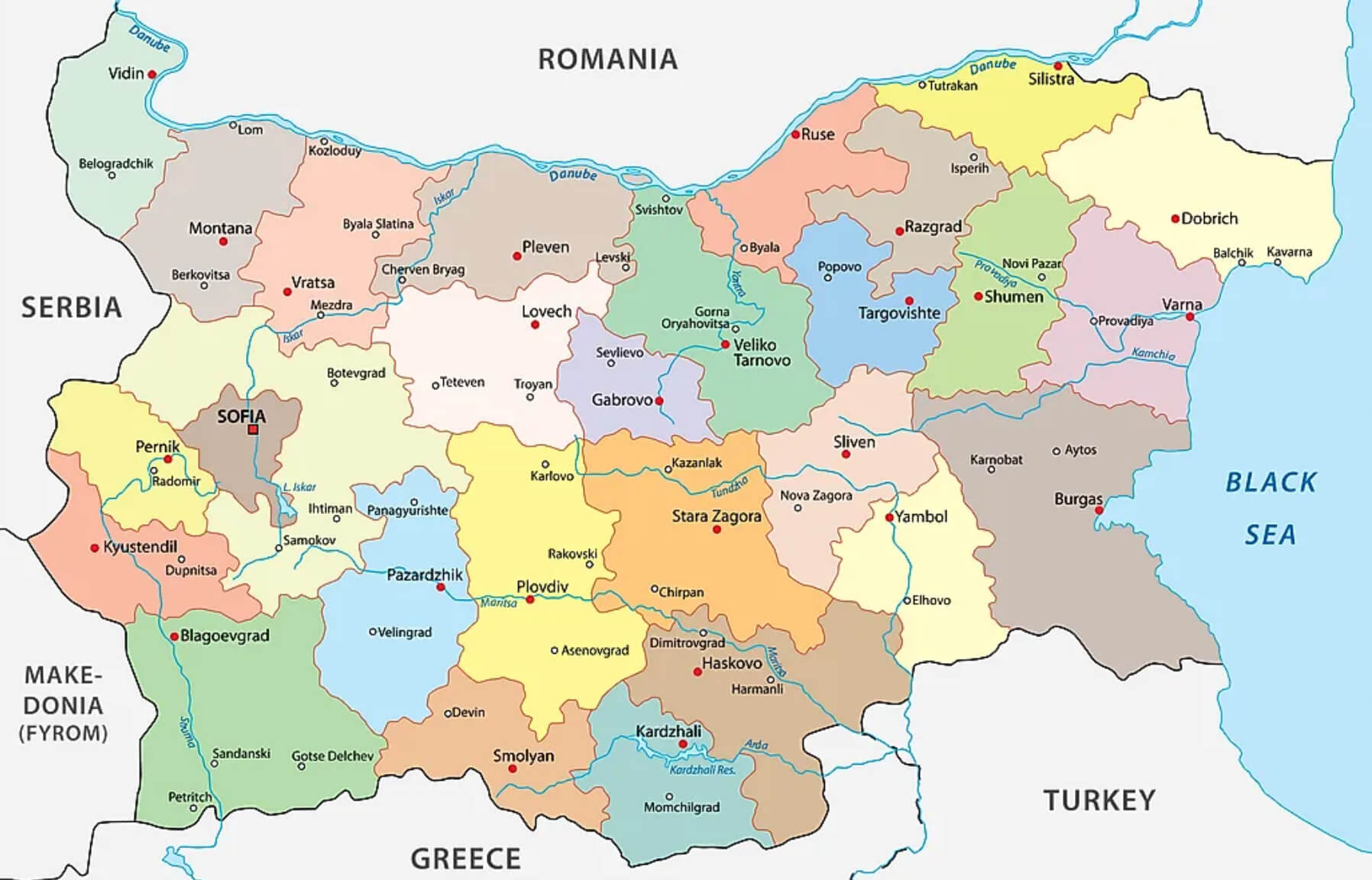 Bulgaria Regions Map with Cities Rivers