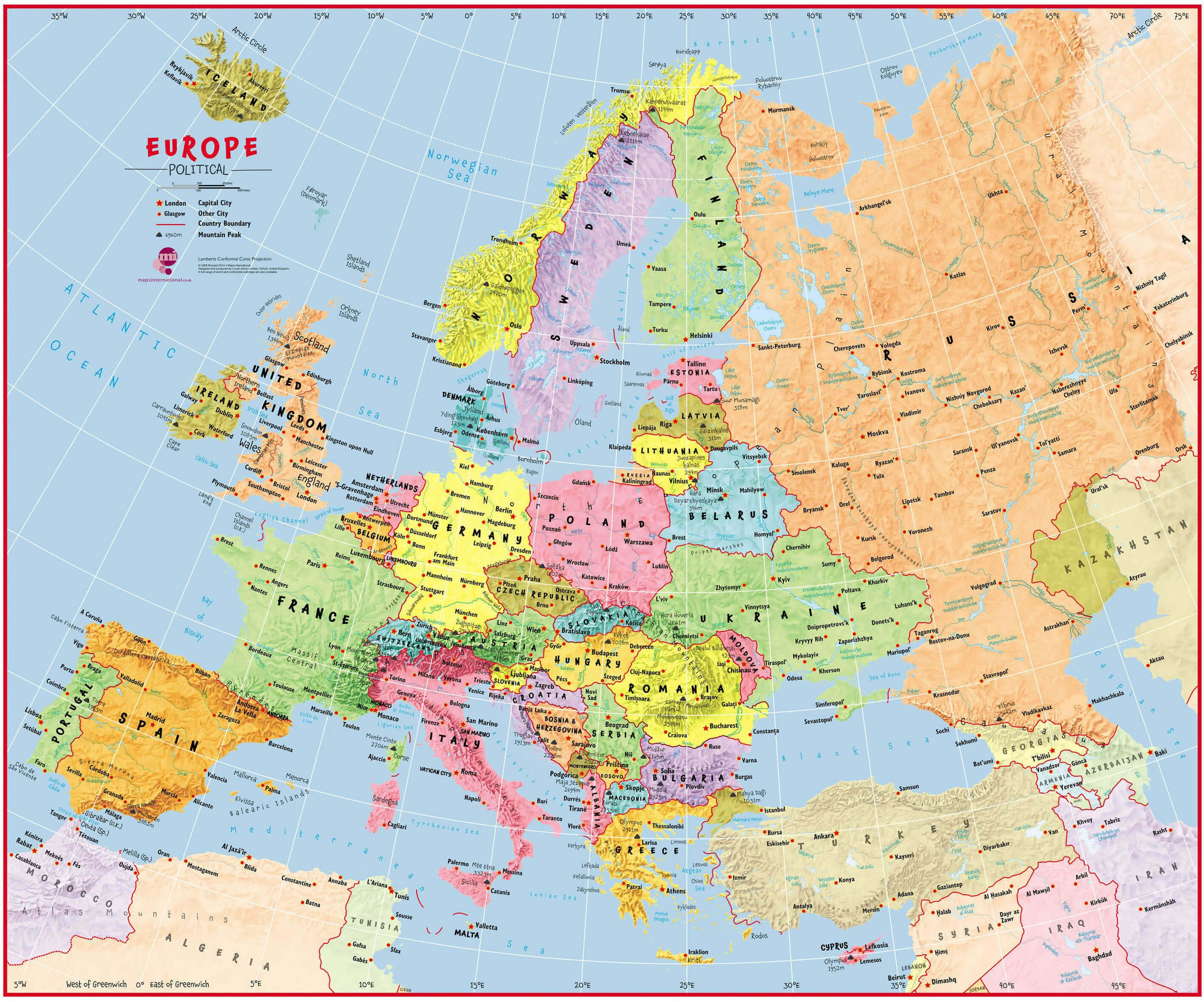 Map of Europe 26 Europe political cities wall map