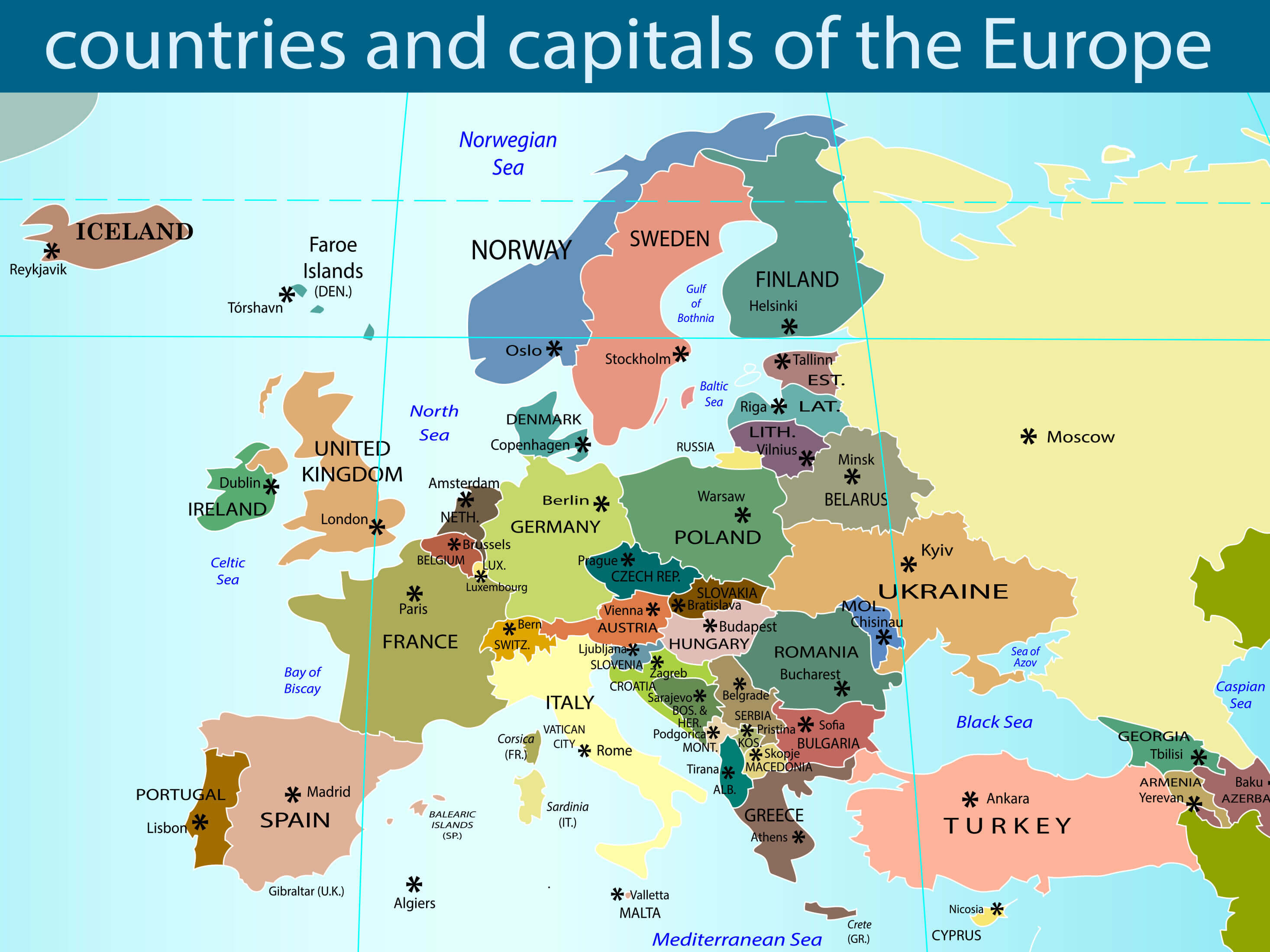 Countries capitals of the Europe map