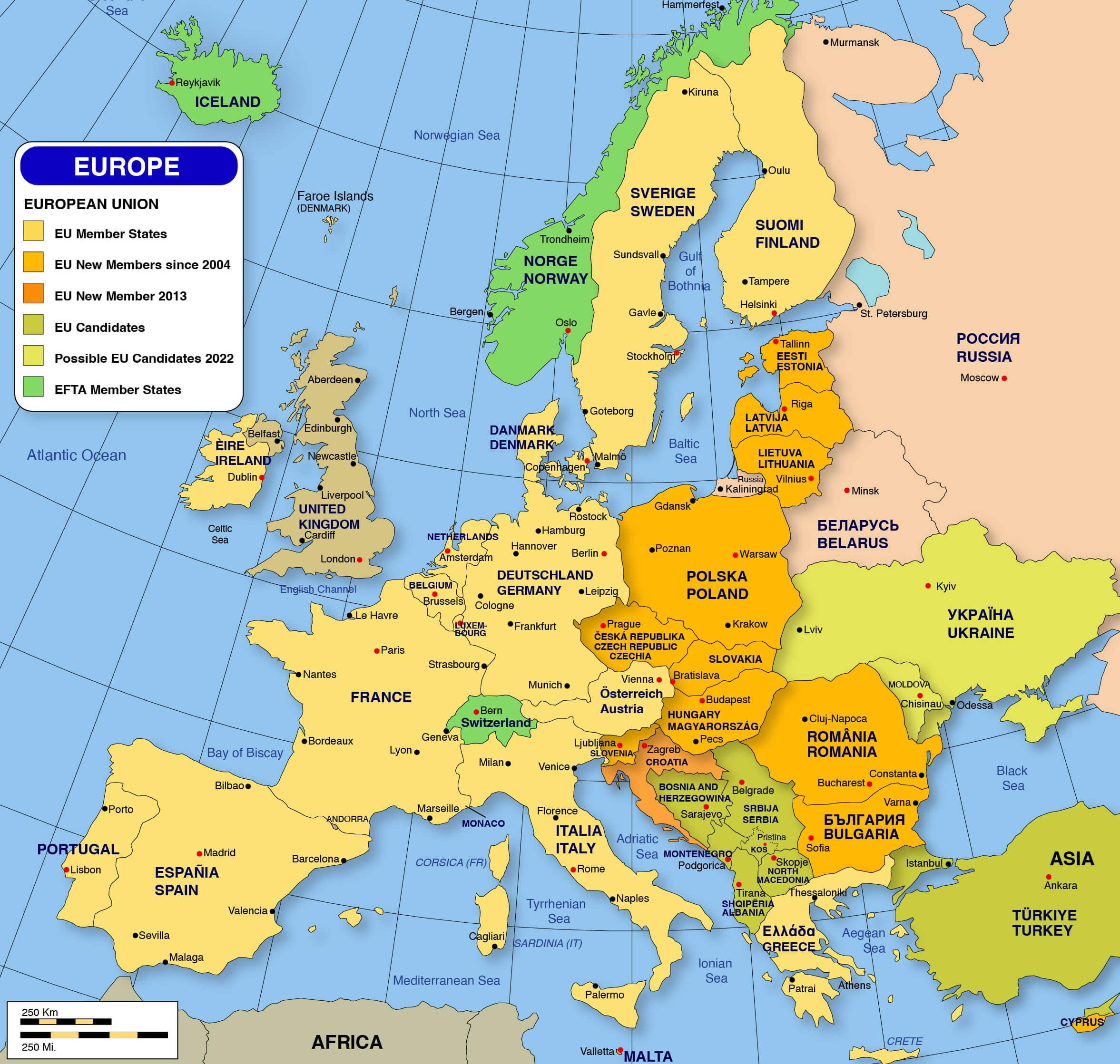 Map of Europe Highlighting EU Member States and Candidates