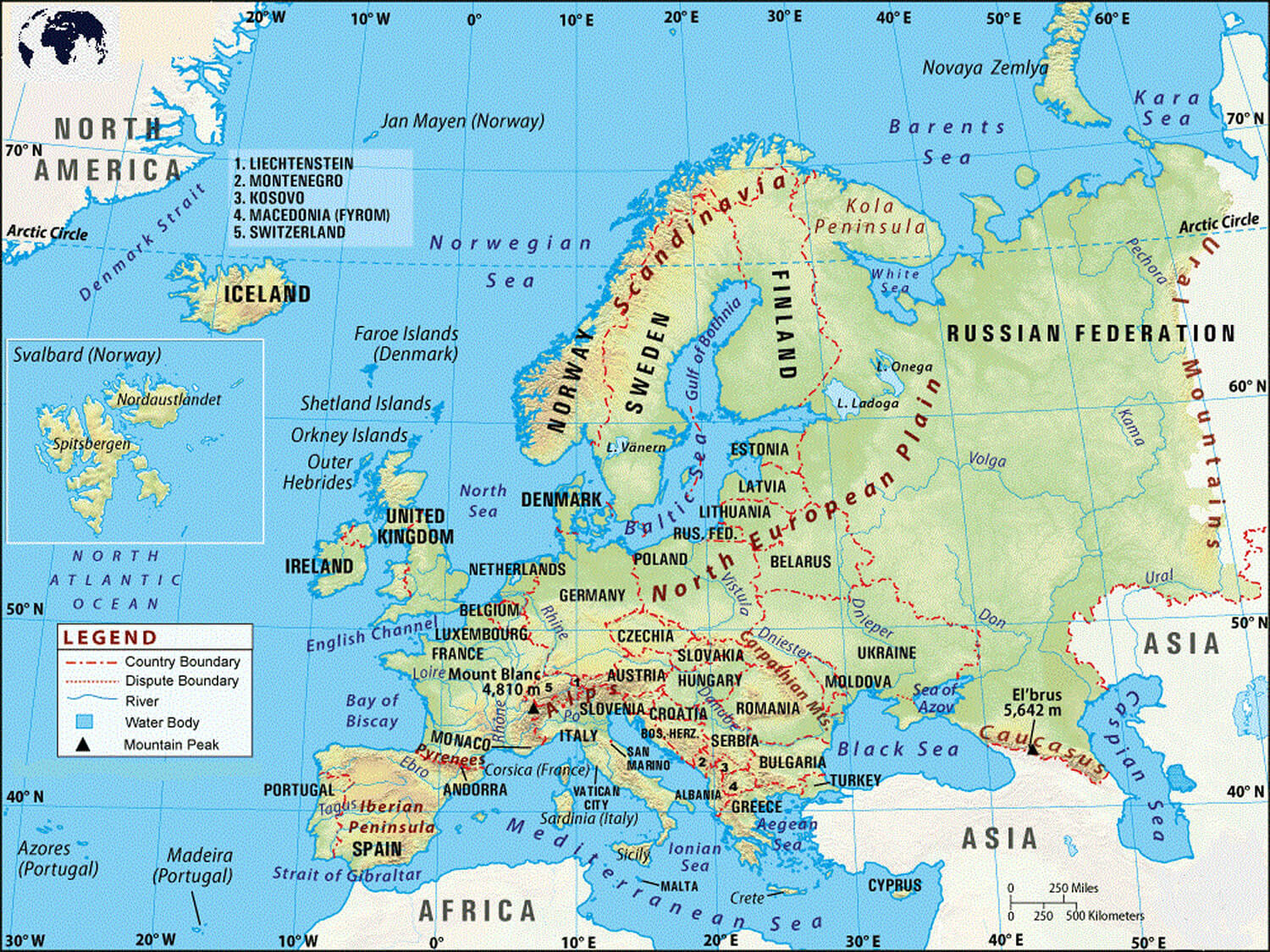 Physical Map of Europe with Country Boundaries