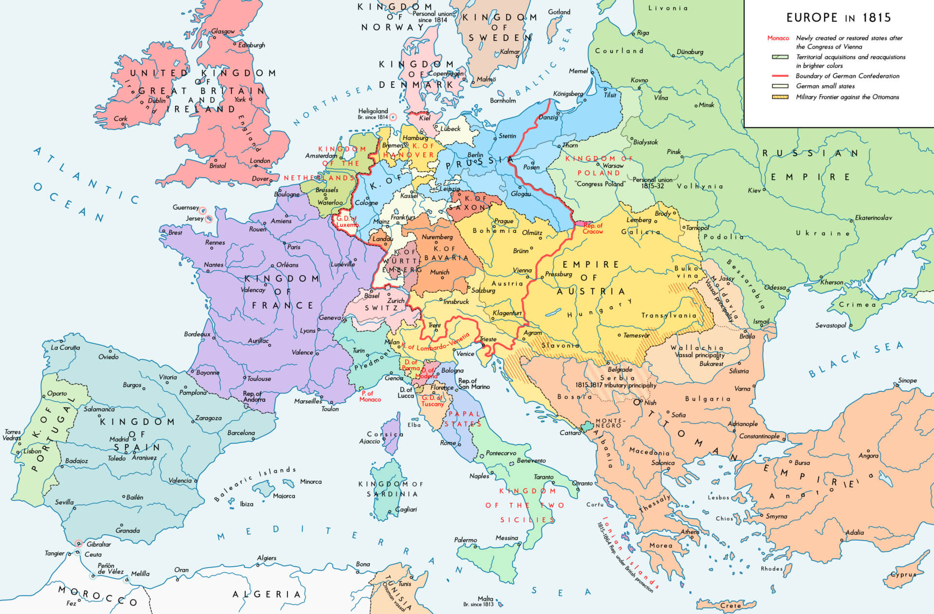 Historical Map of Europe in 1815 Post-Congress of Vienna