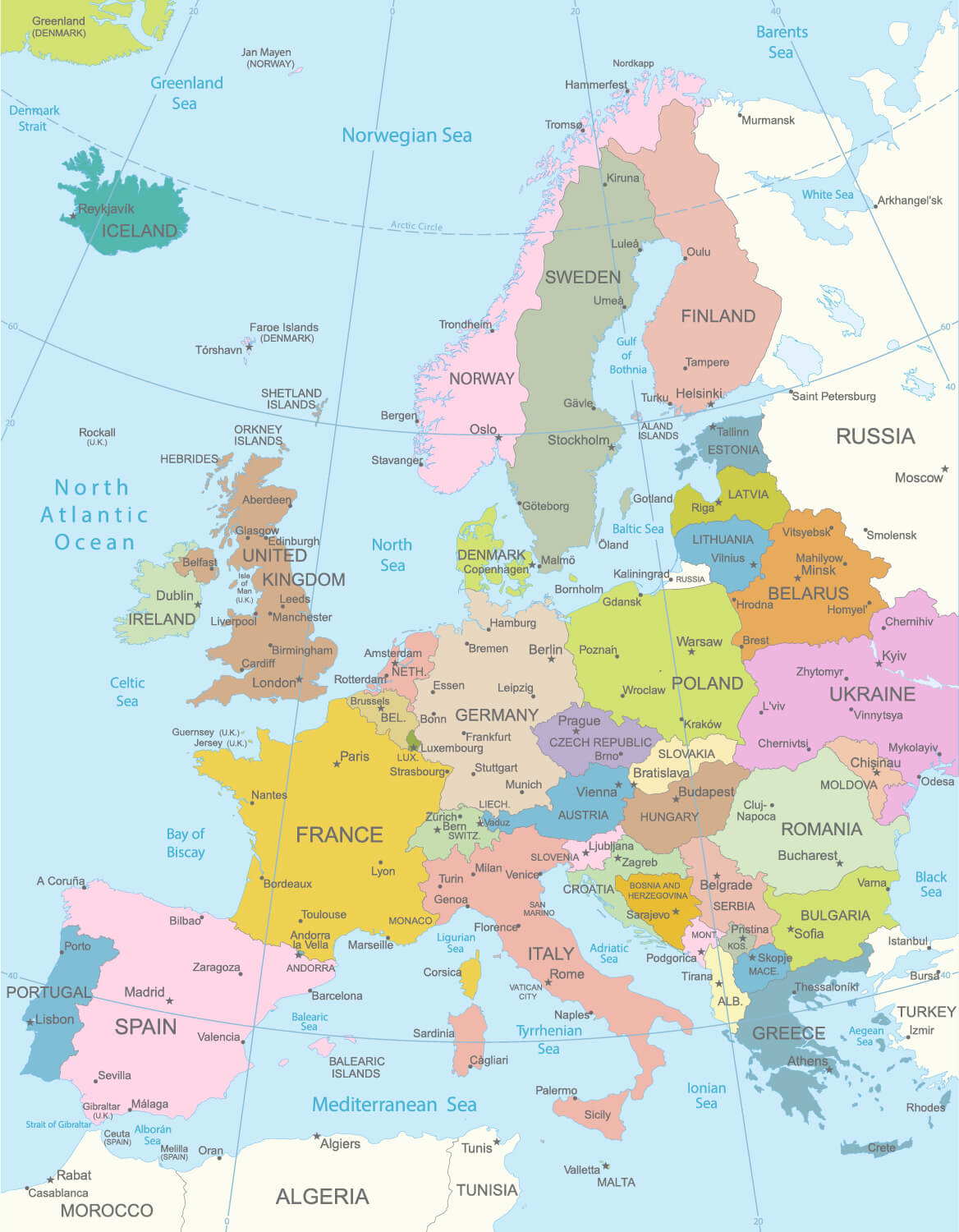 Map of European Countries with National Borders