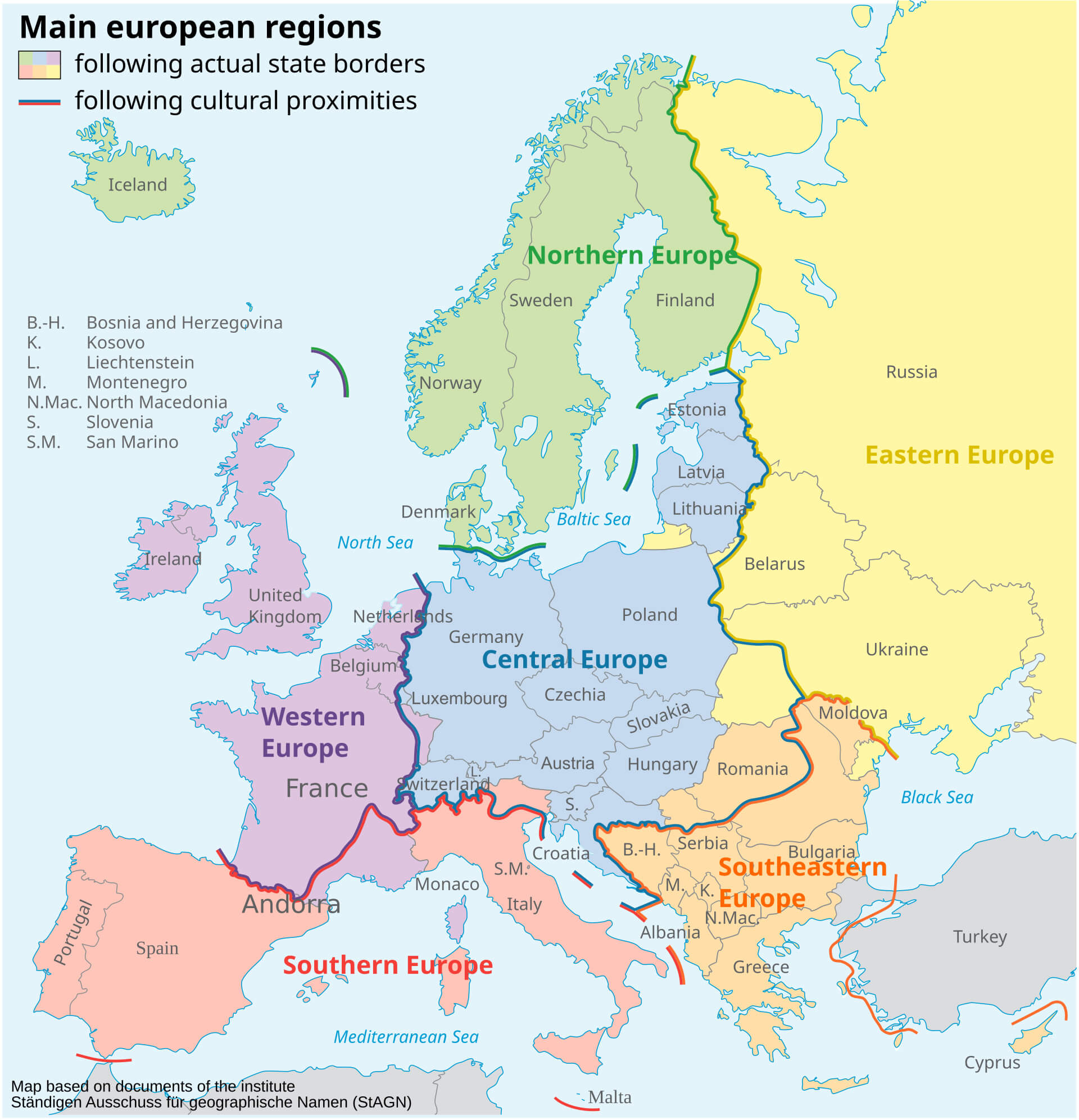 Map of Europe's Main Regions by Borders and Cultural Proximities