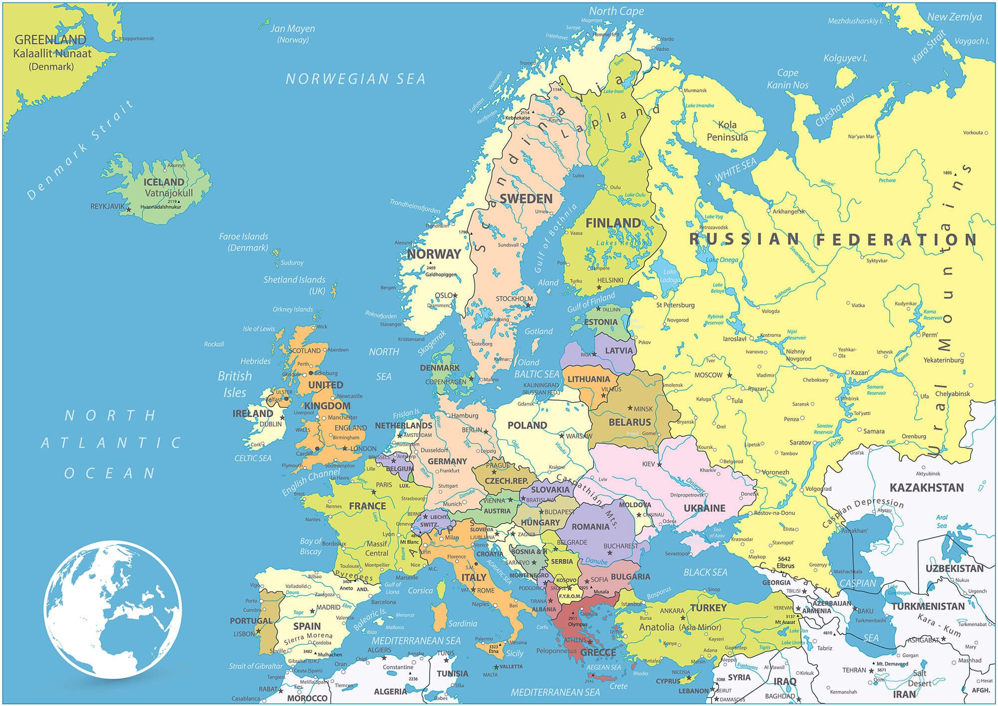 Map of Europe Featuring Countries and Major Cities