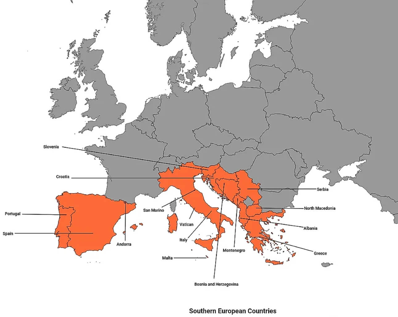 Map Highlighting Southern European Countries