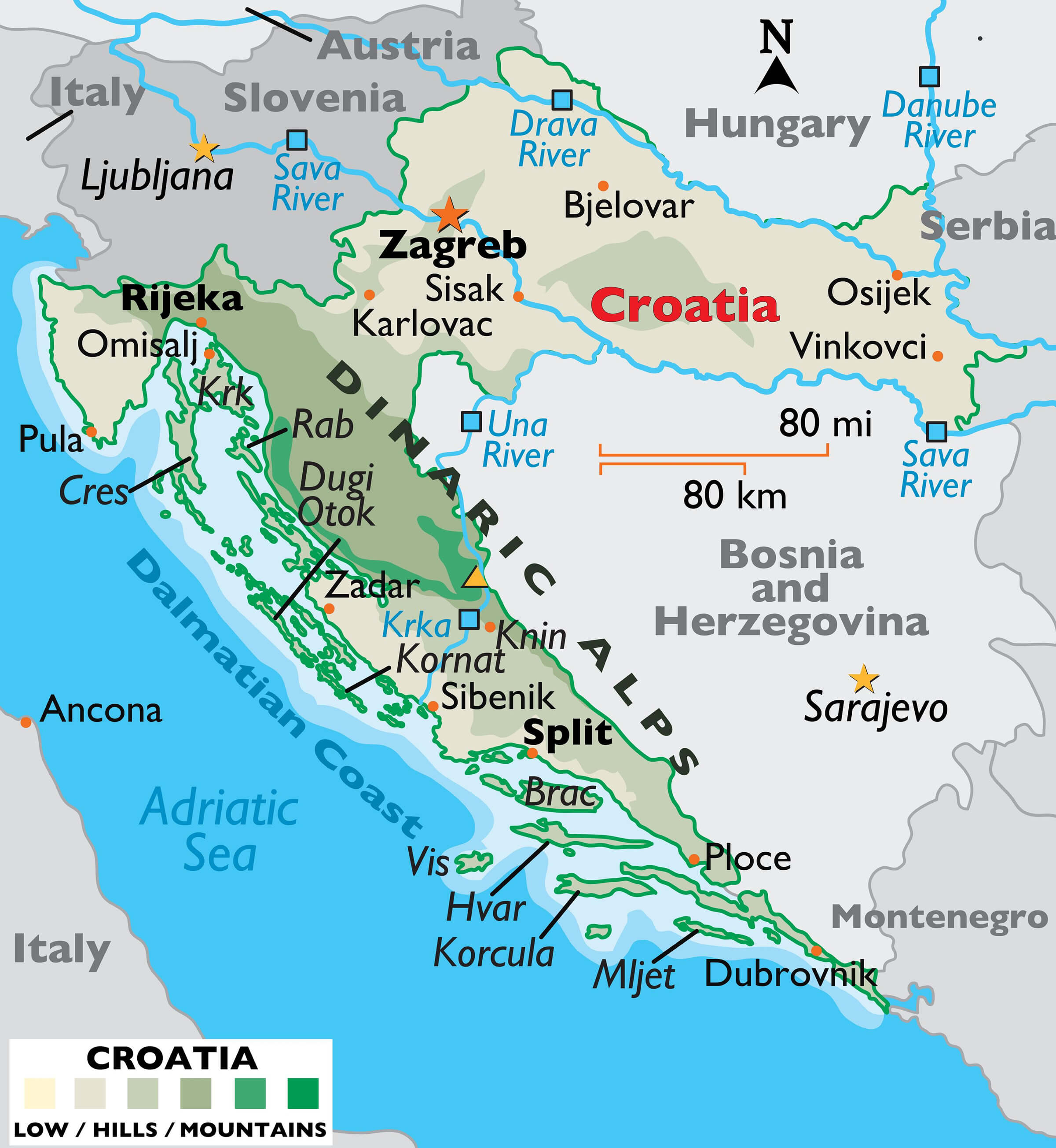 Croatia Country Map with Rivers