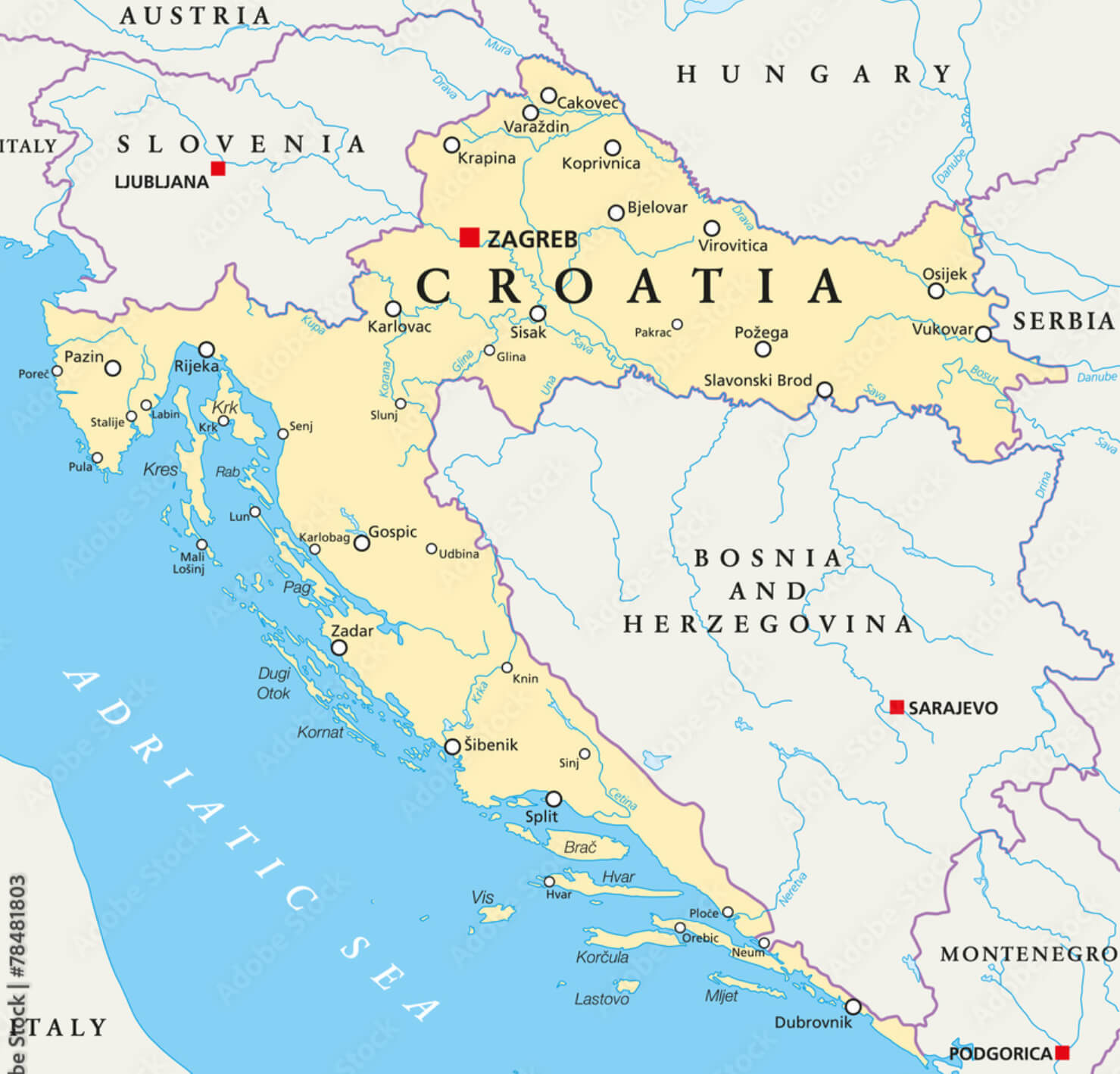 Croatia Main Cities Map with Zagreb