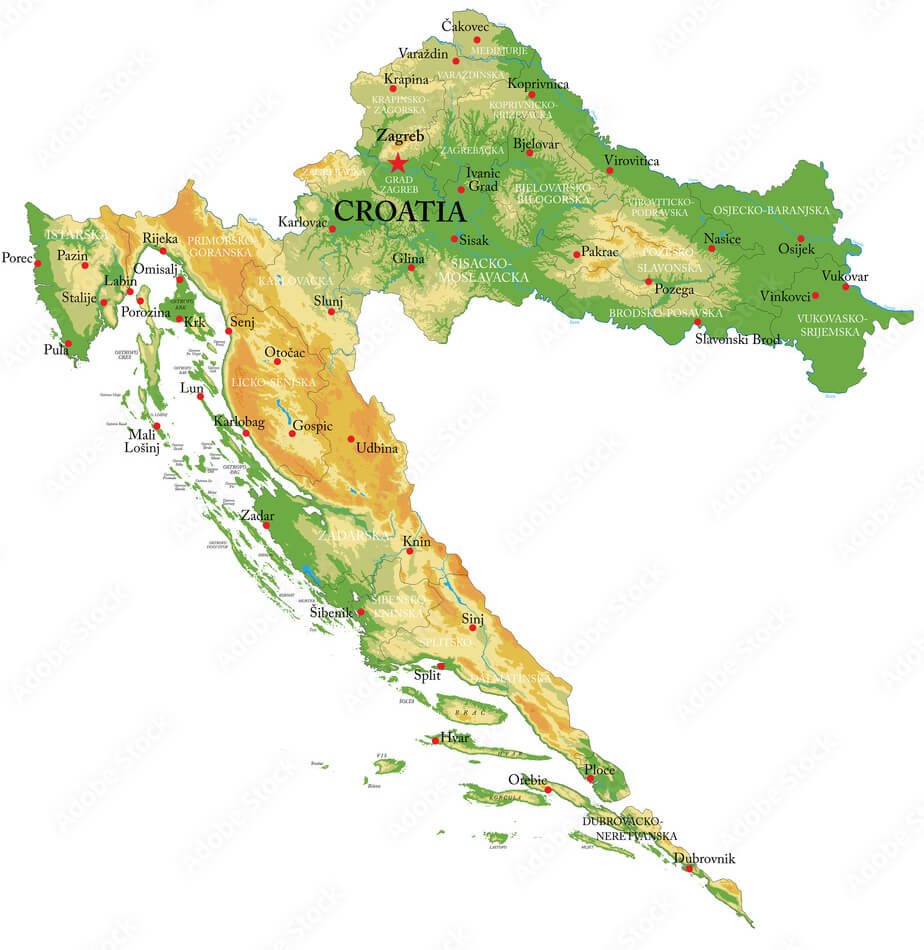 Croatia Physical Map with Cities