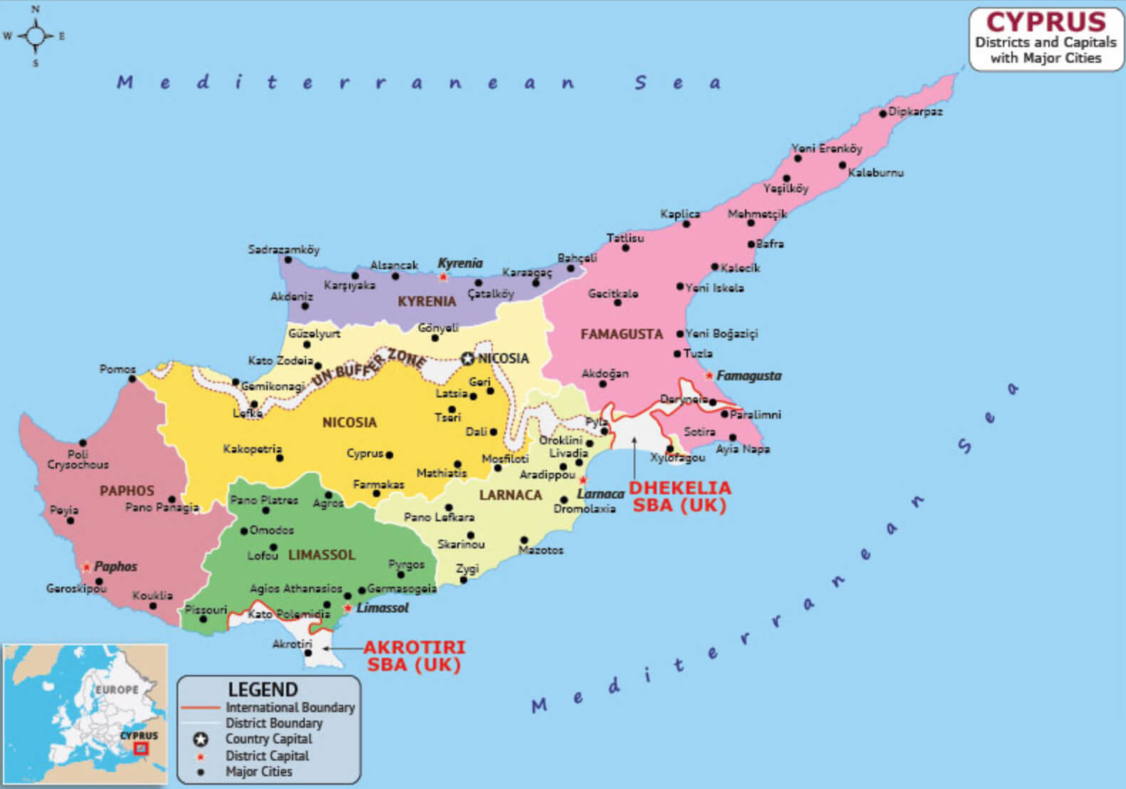 Cyprus Districts and Capitals Map with Major Cities