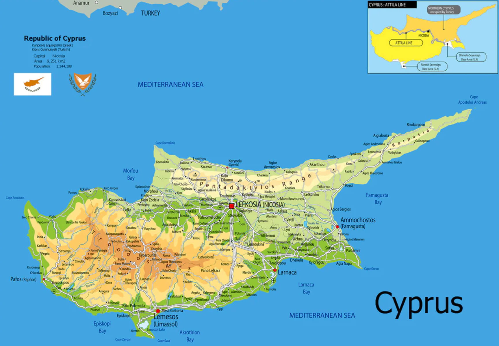 Cyprus Physical Map with Turkey