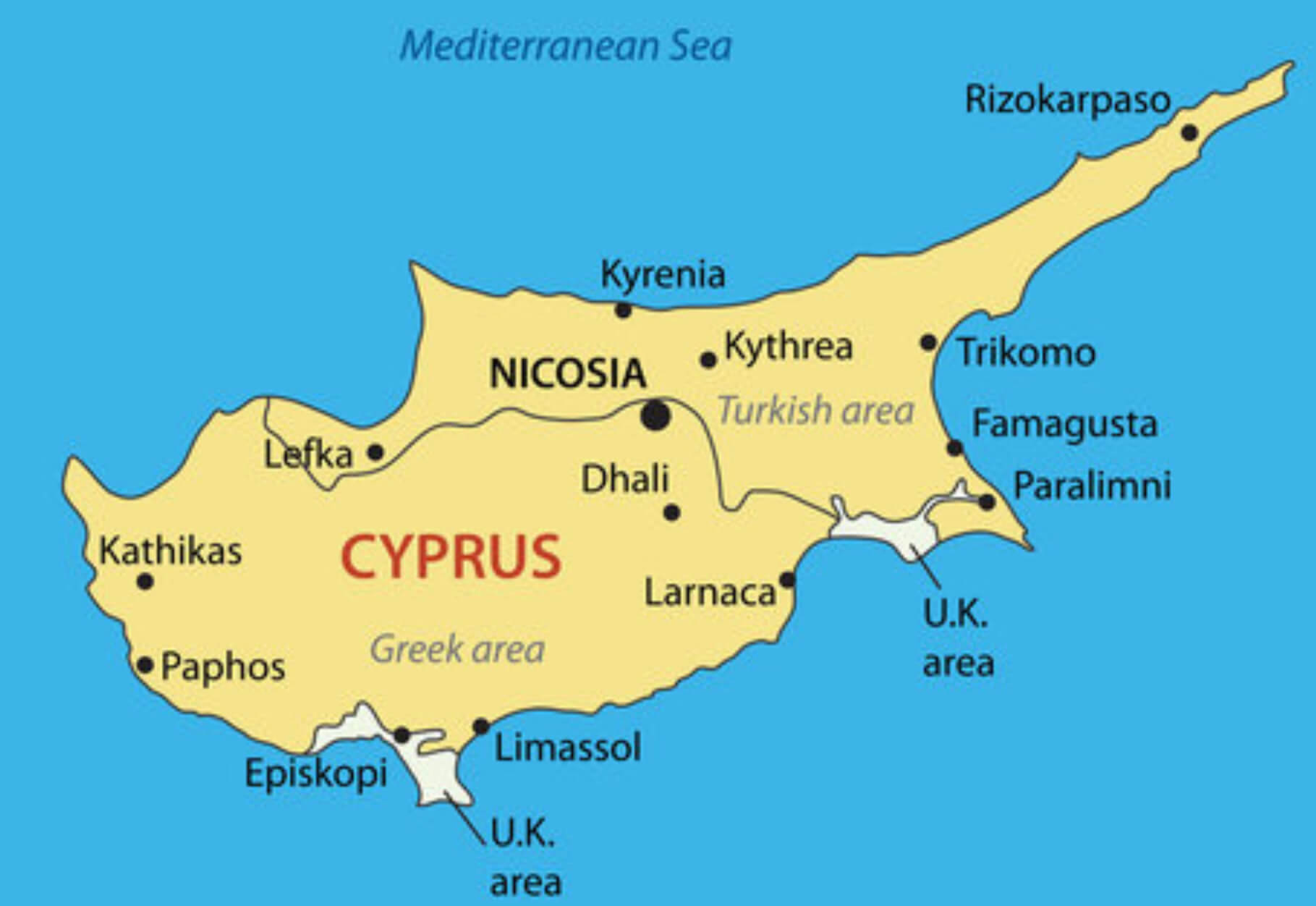 Greek Cyprus and Turkish Cyprus Map with Cities