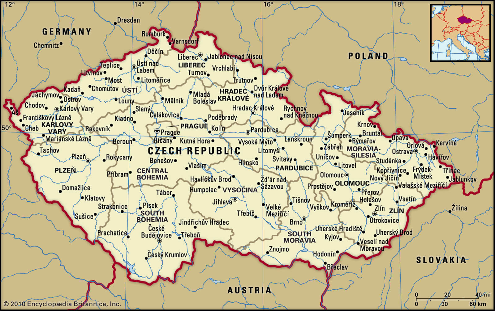 Czechia Cities River Map with National Border