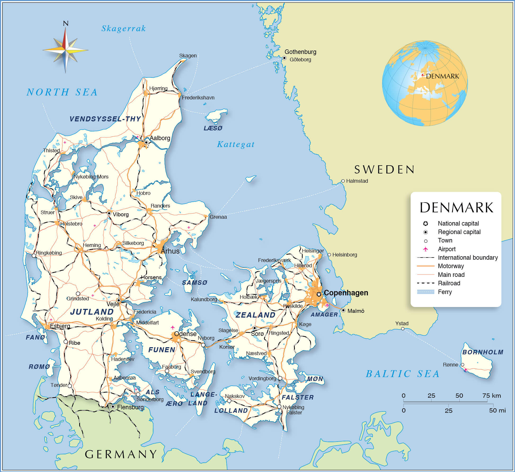 Denmark National Map with Borders