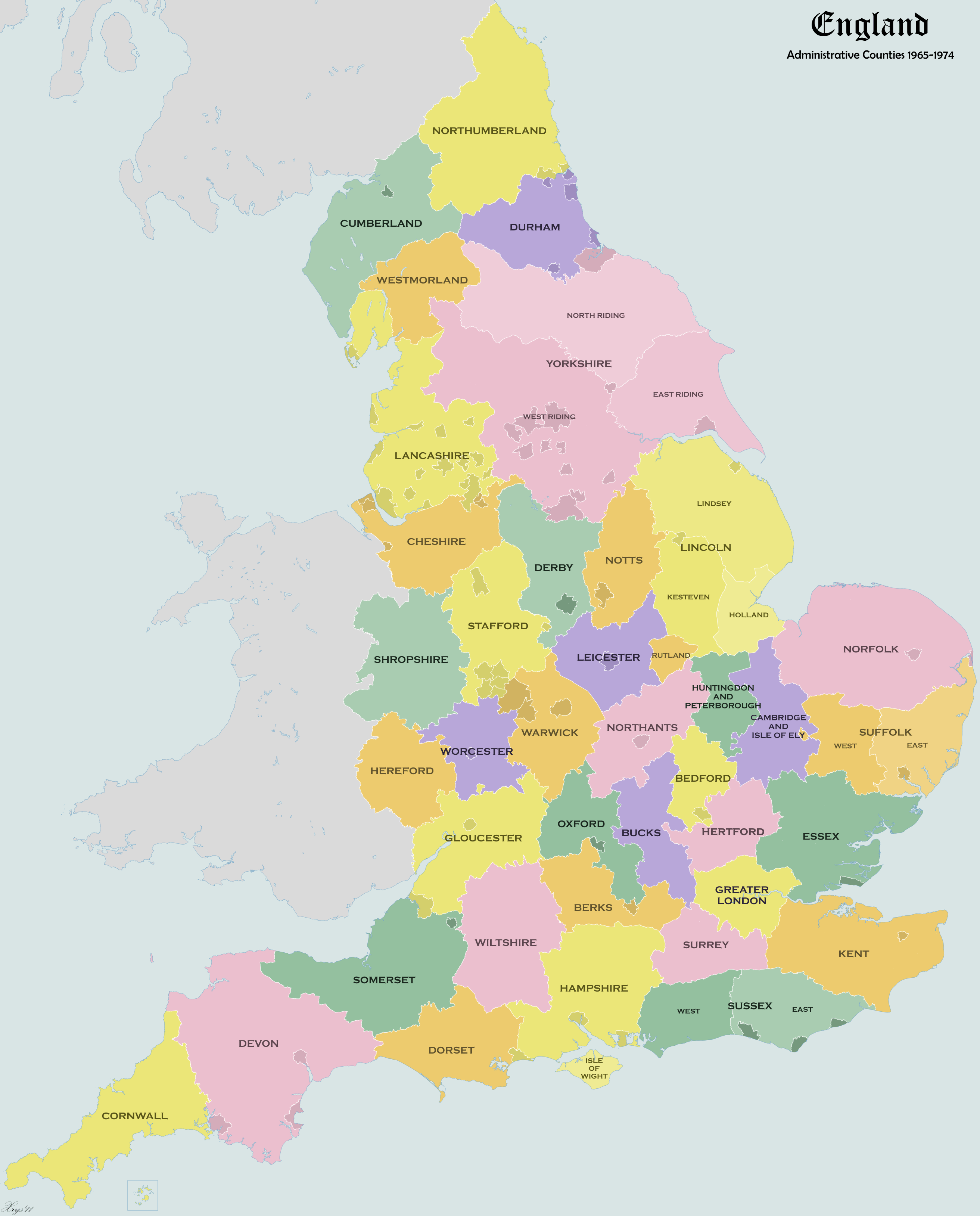 England administrative counties map from 1965 to 1974