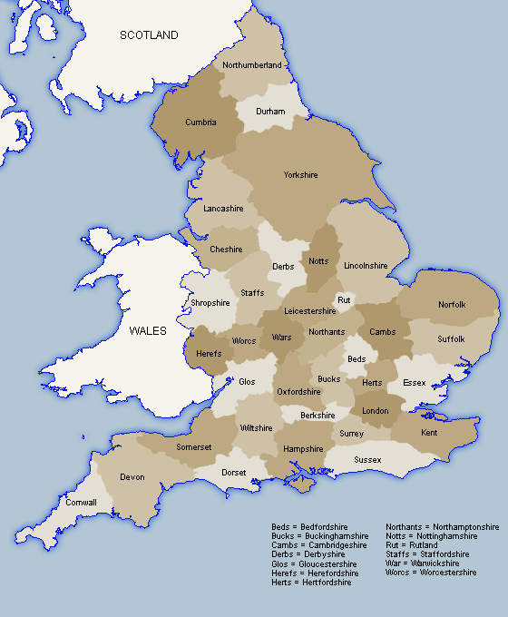 England map showing counties and their abbreviations