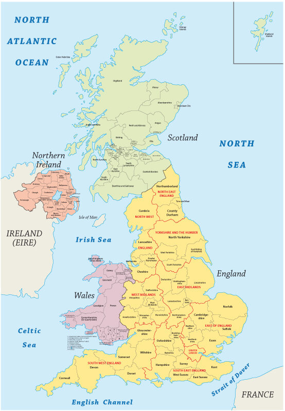 England Galler, Ireland, and Scotland Map