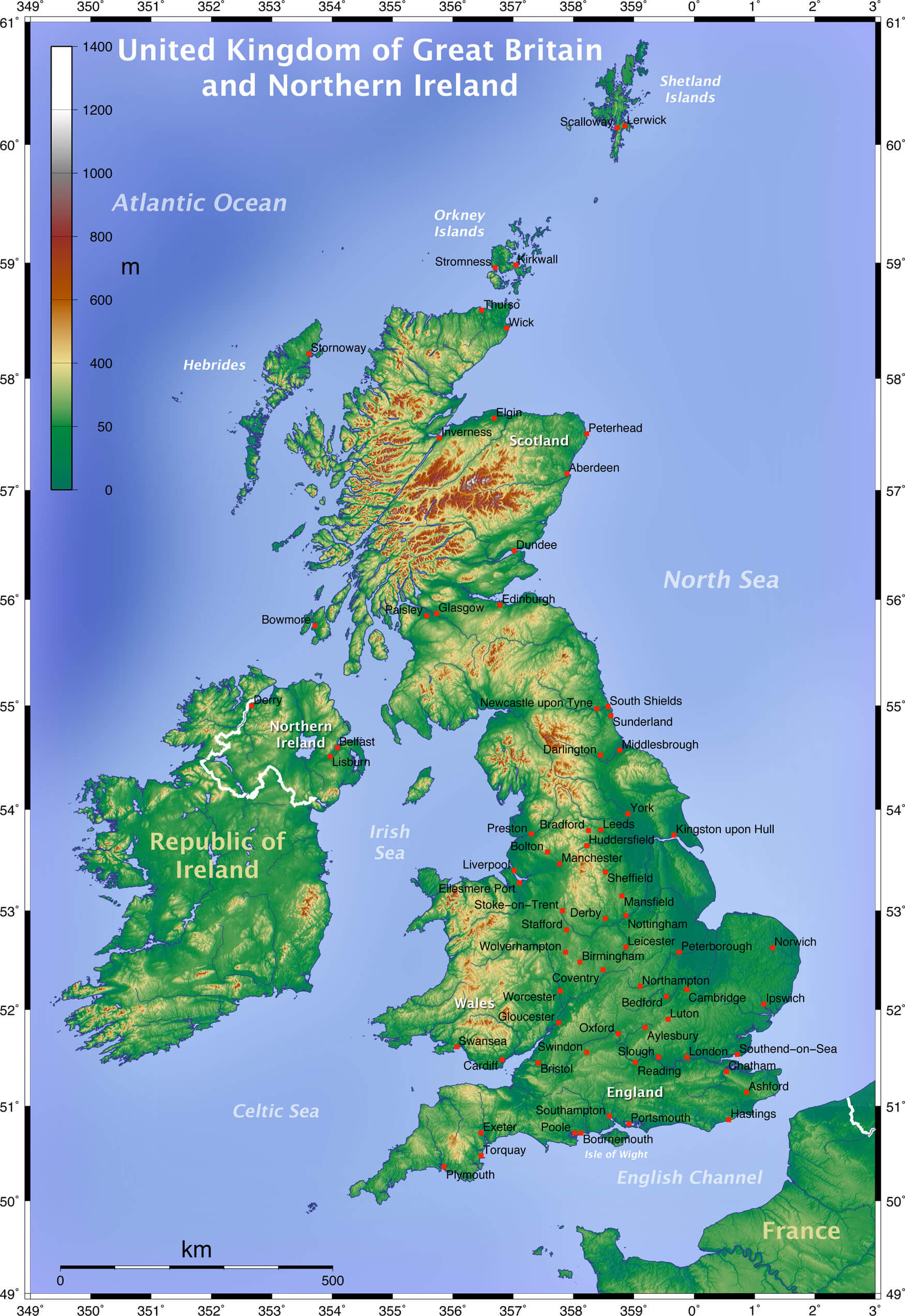 Topographic Map of England and the United Kingdom