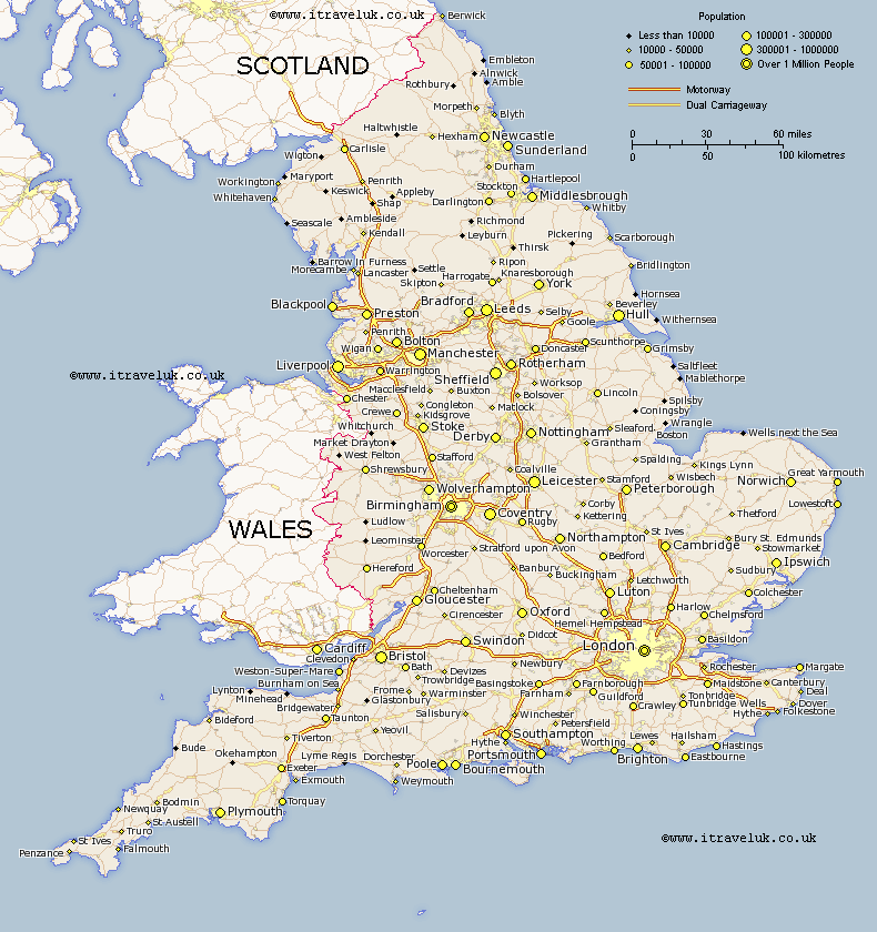 Map of England showing population density, cities, and motorways