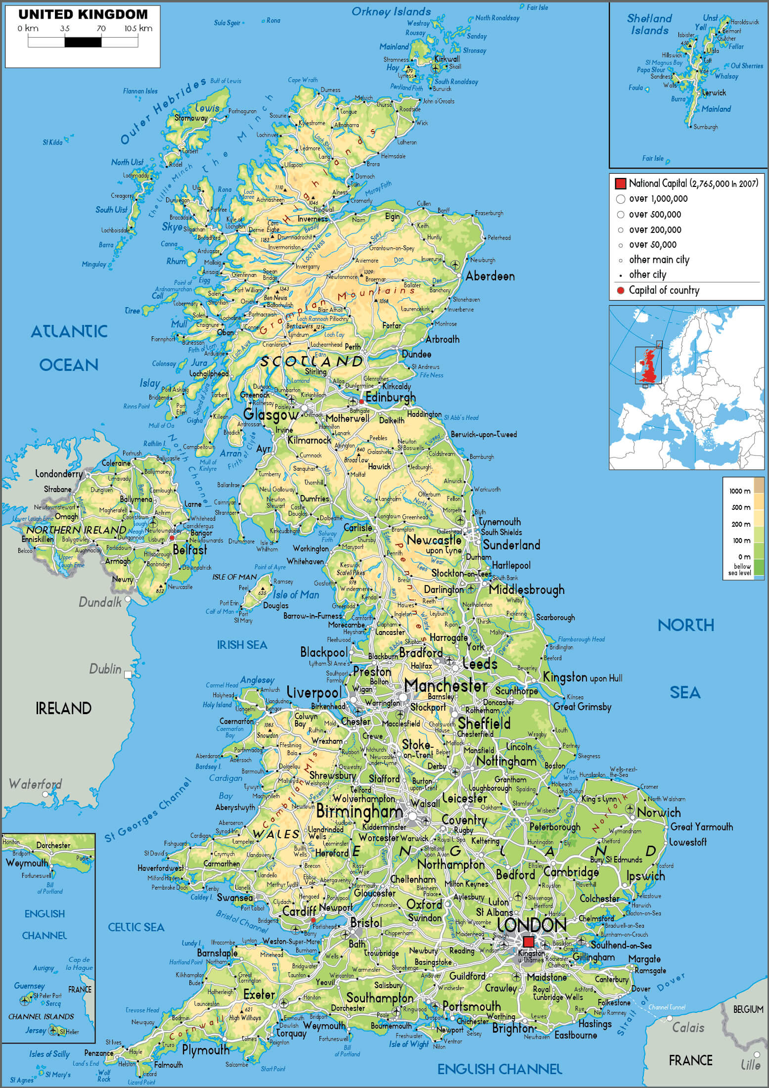 Detailed map of the United Kingdom with England, Scotland, Wales, and Northern Ireland