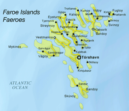 Faroe Islands map with Tórshavn, main towns, and villages.