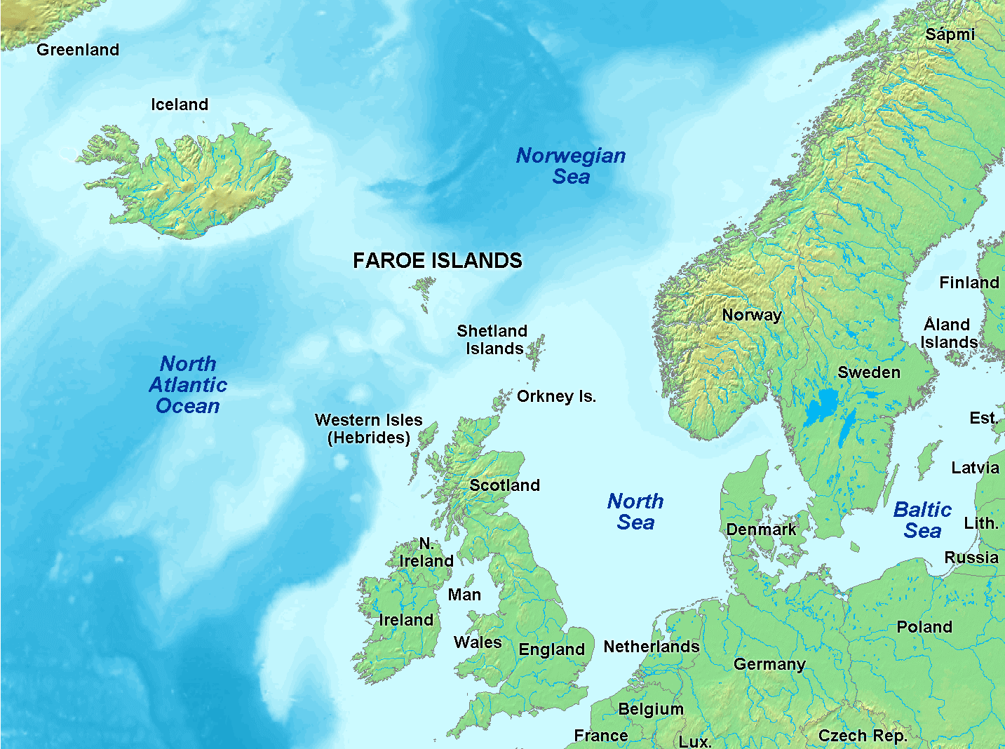 Faroe Islands map in North Atlantic near Iceland and Norway.