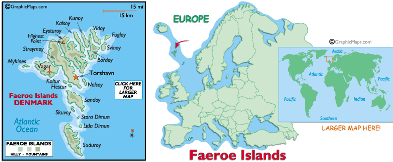 Faroe Islands map in North Atlantic, showing main islands.