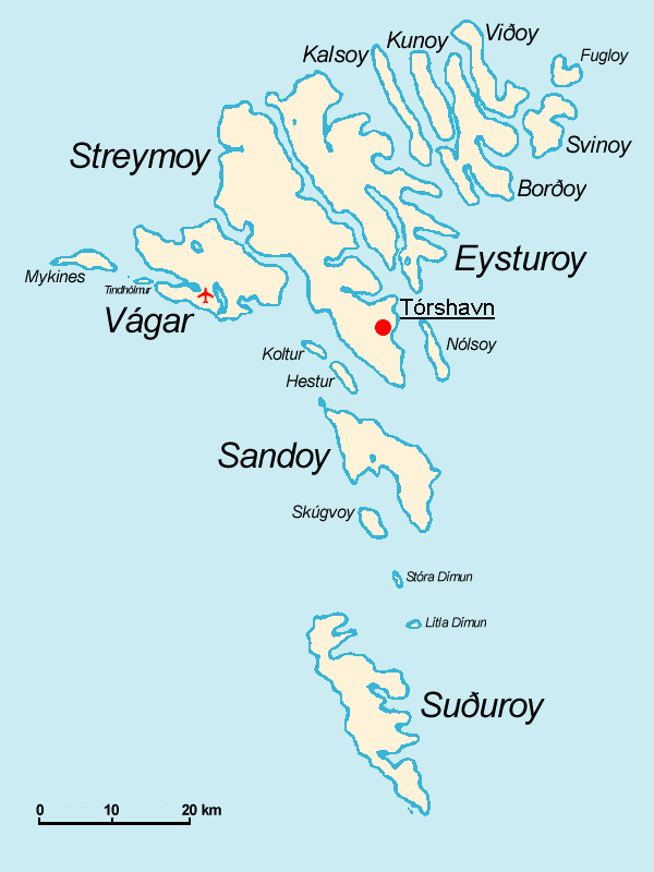 Faroe Islands map with main islands, Tórshavn, and airport.