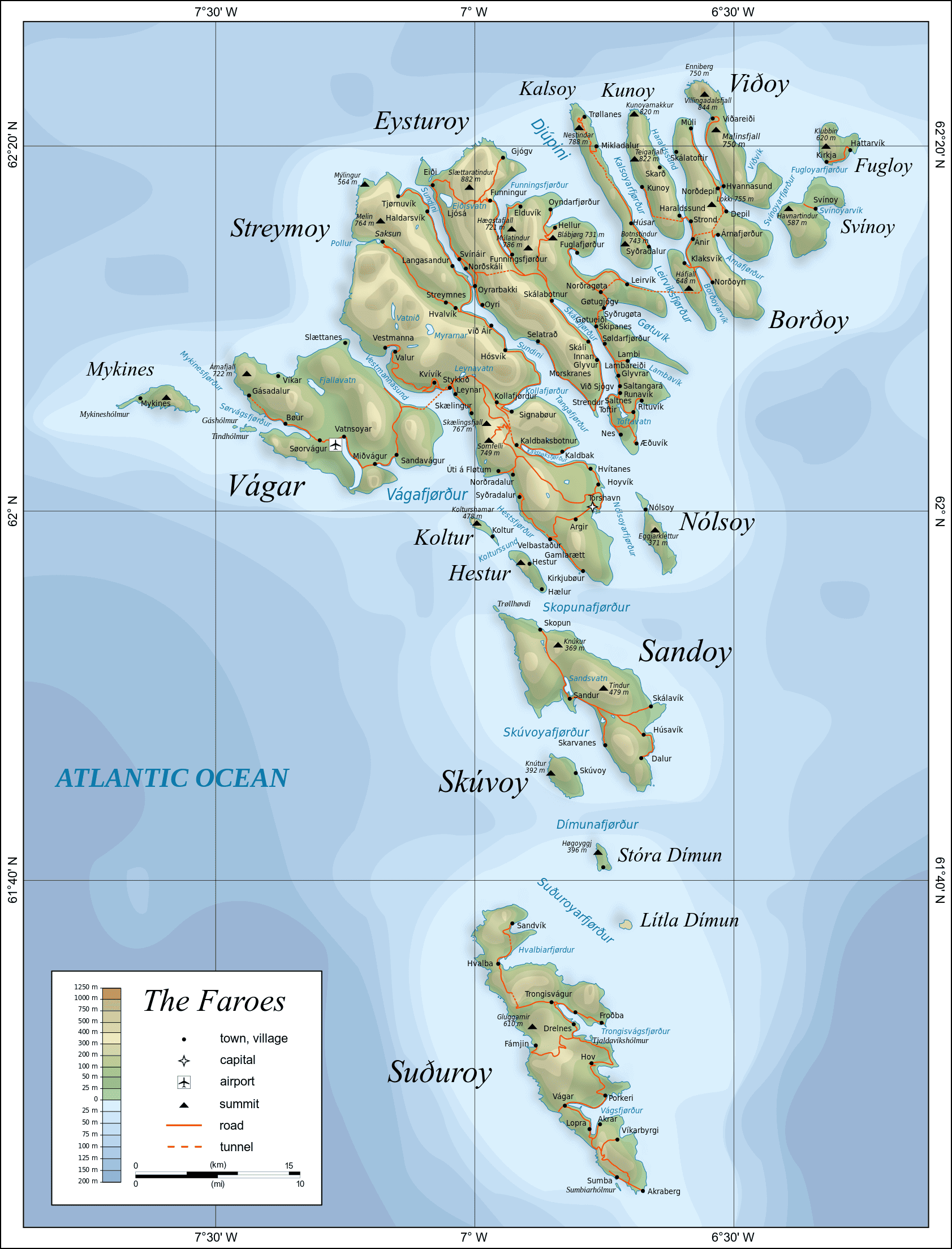 Physical Map of Faroe Islands