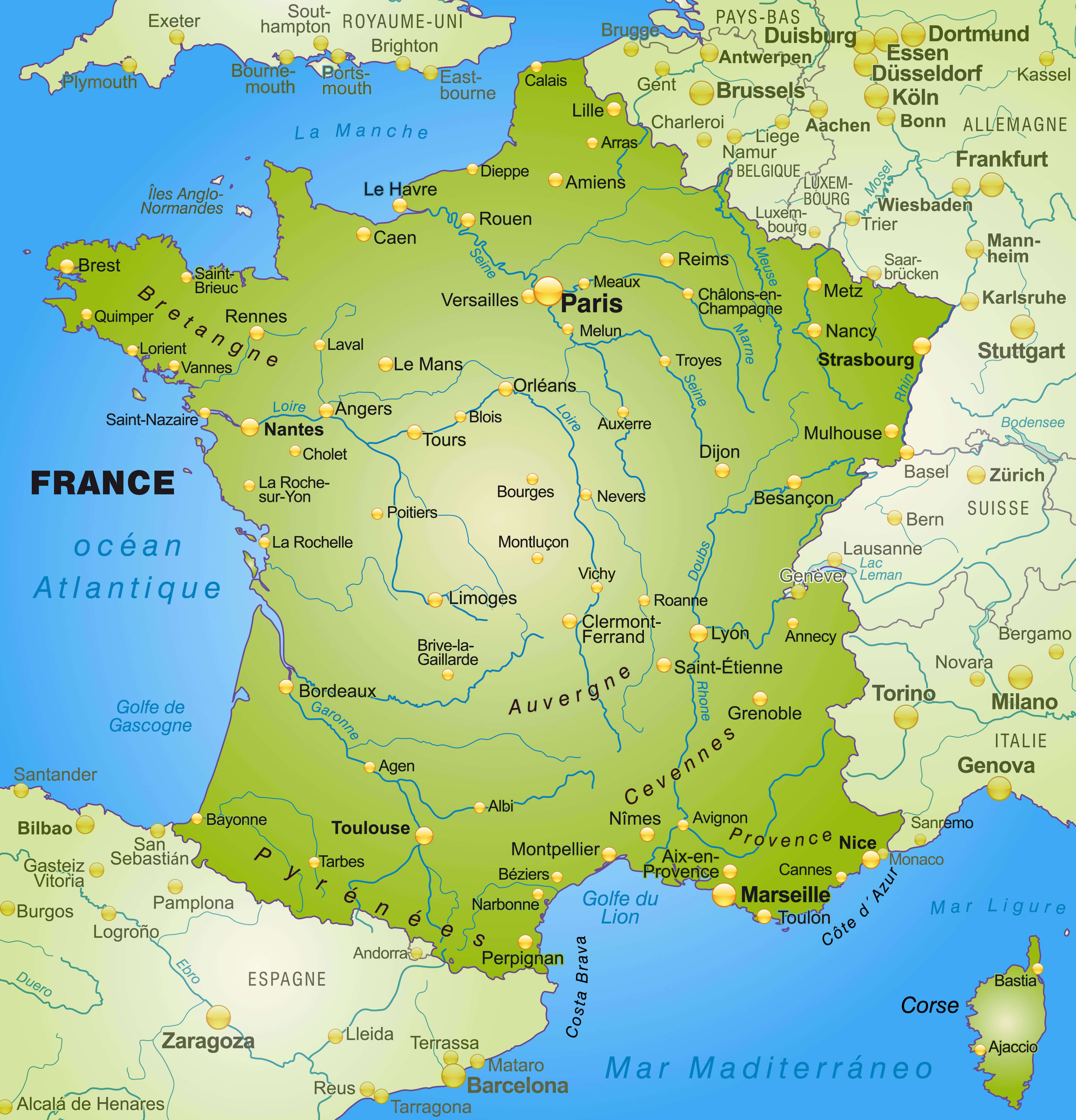 Cities Map of France with Rivers