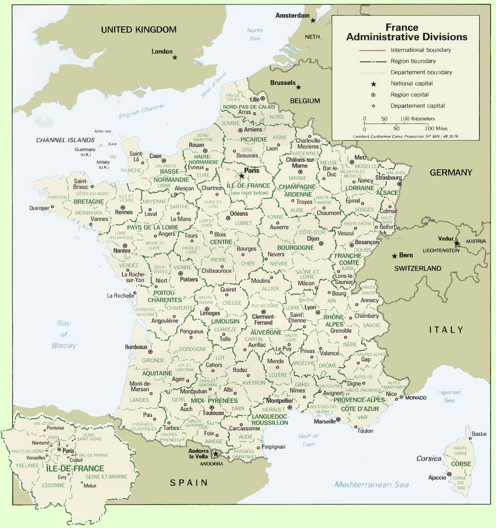 France administrative divisions map with cities