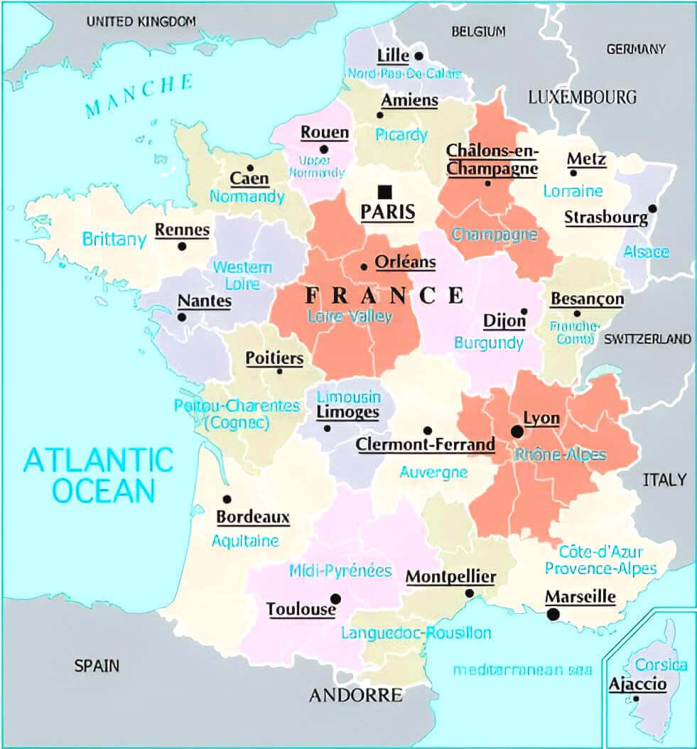 France cantons map with major cities