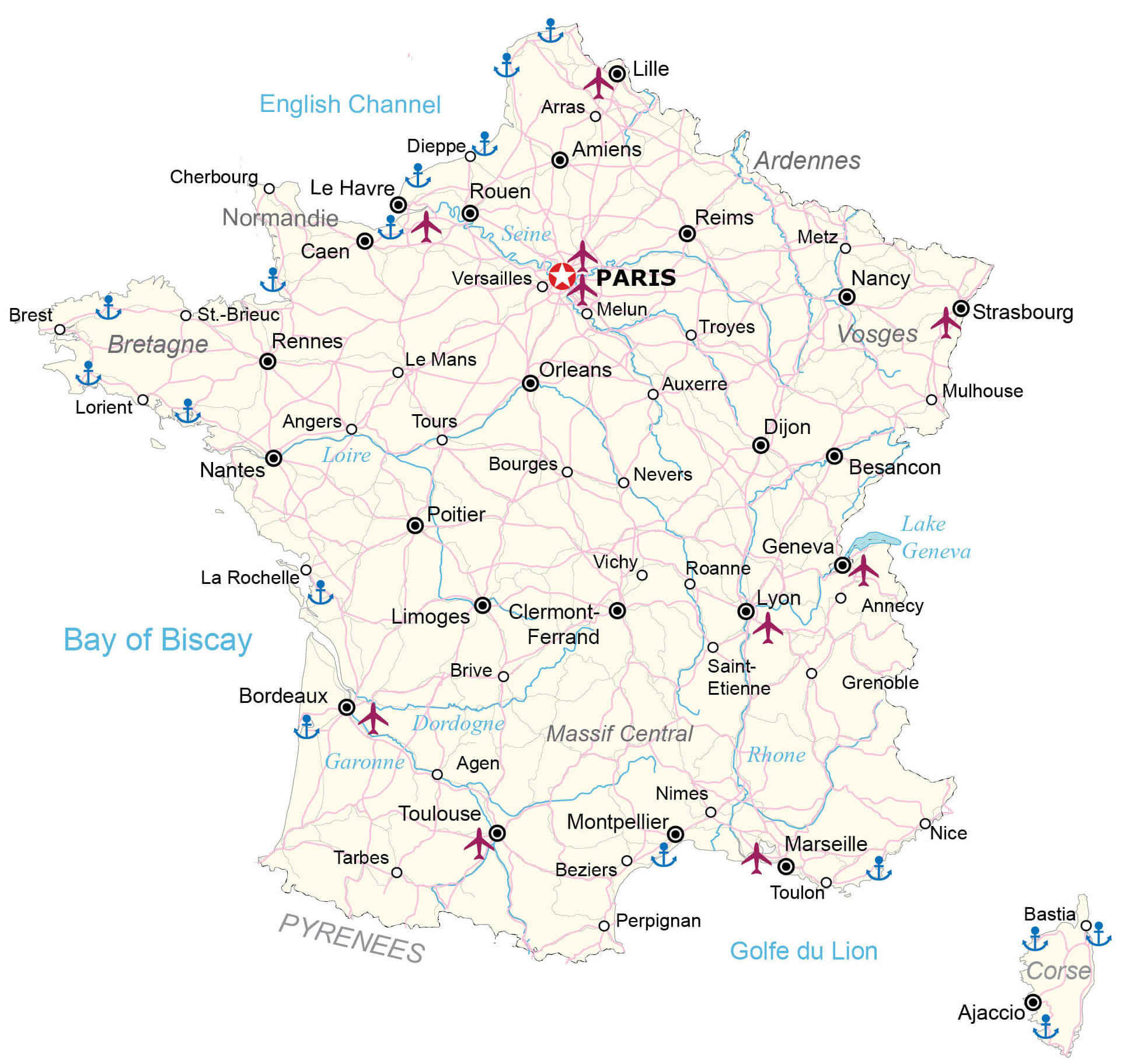 France cities map with airports