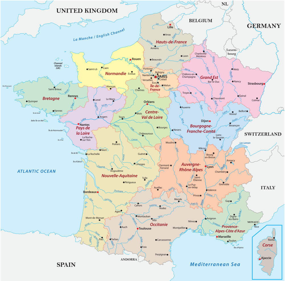 France cities map with rivers and regions