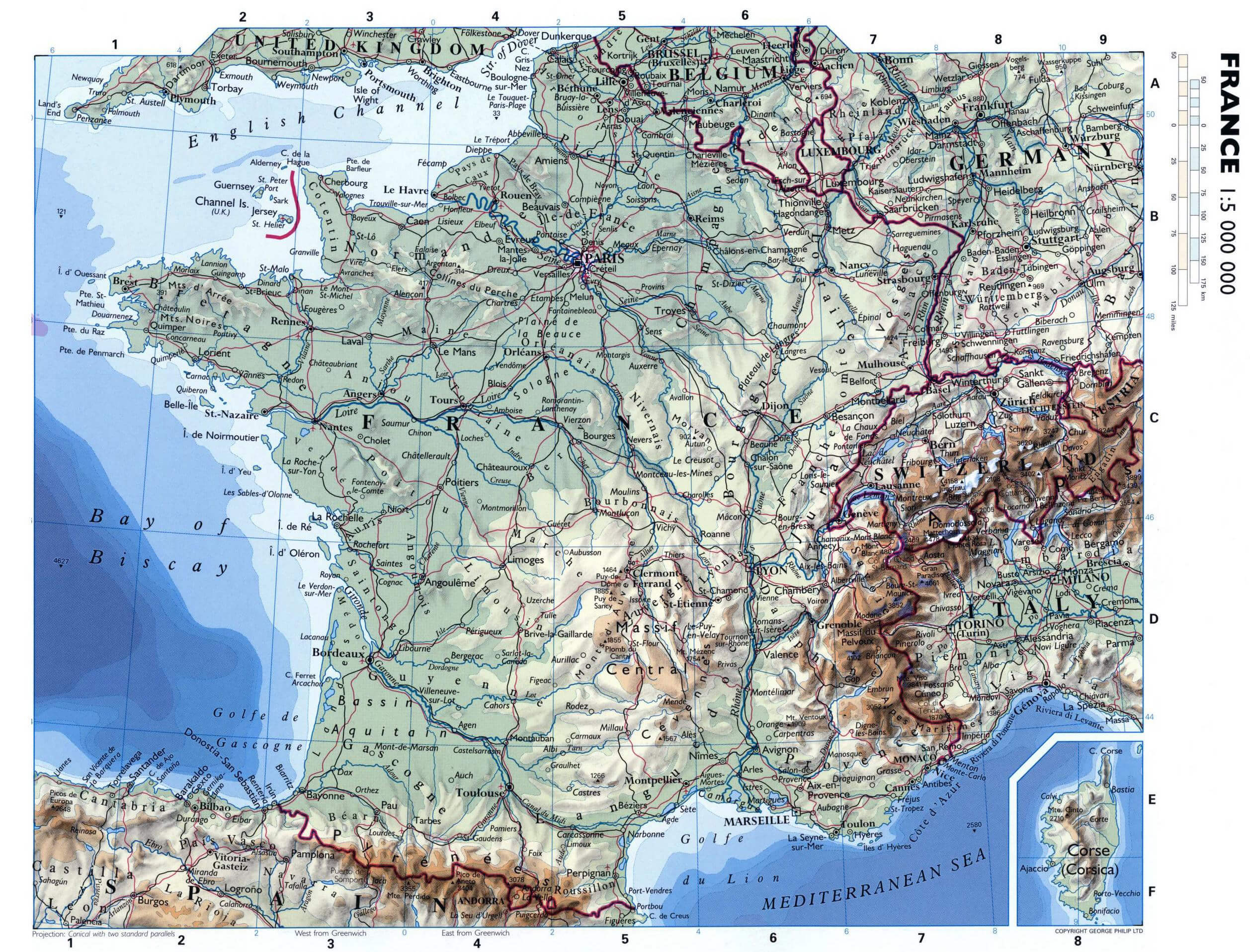 Physical map of France with cities