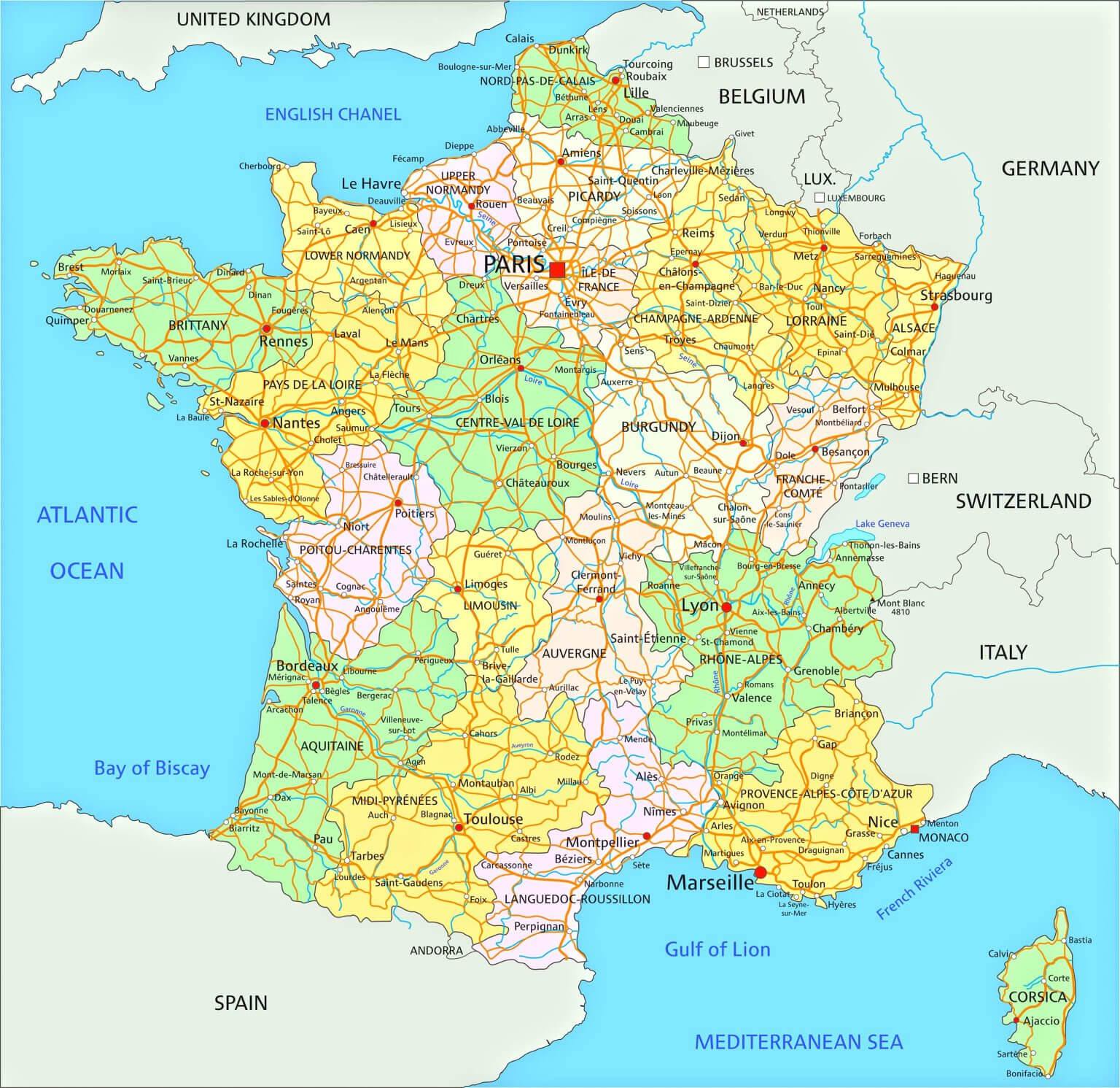 France Administrative Map: Regions and Roads