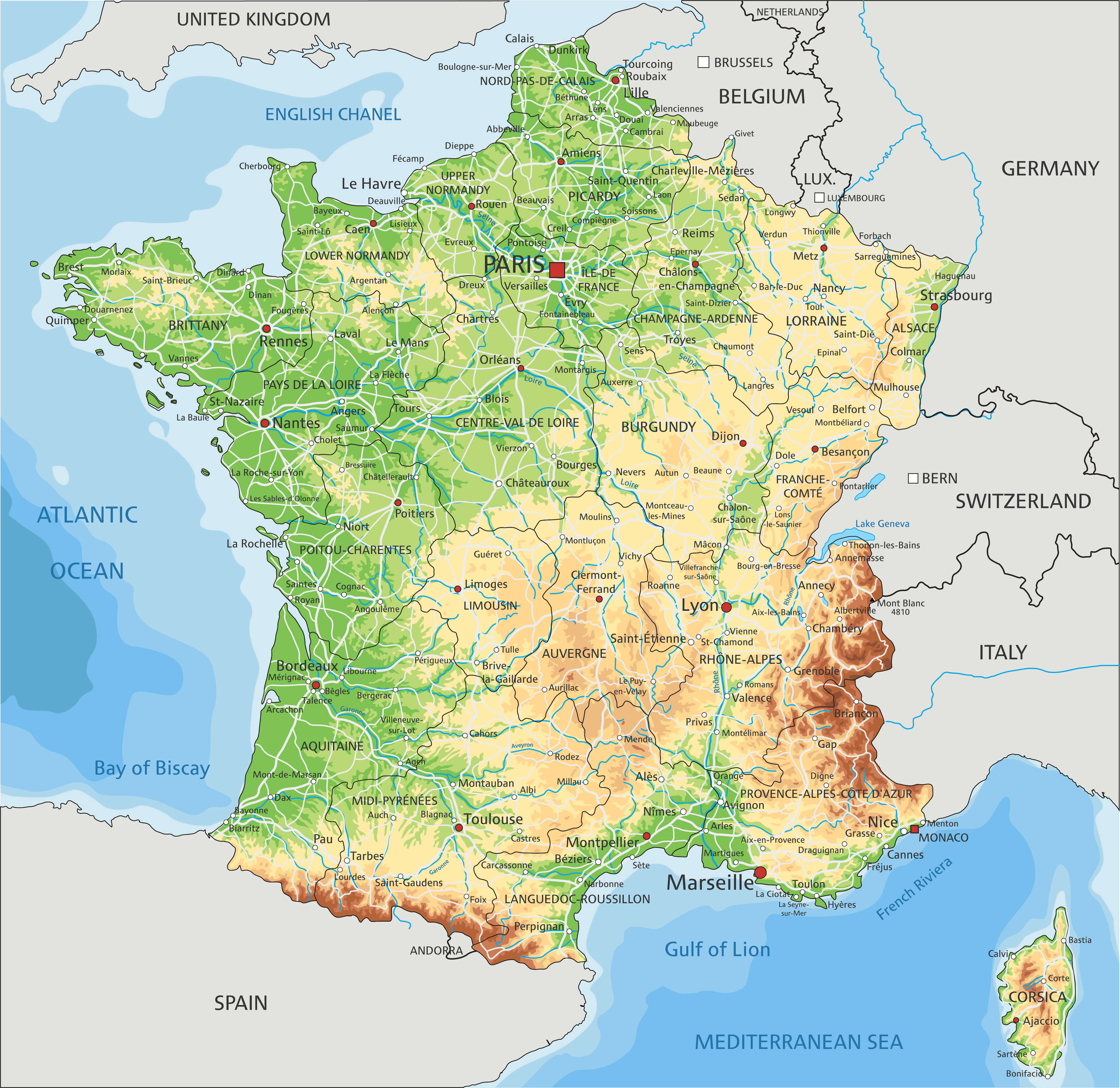 France Physical Map: Landforms and Geographic Features