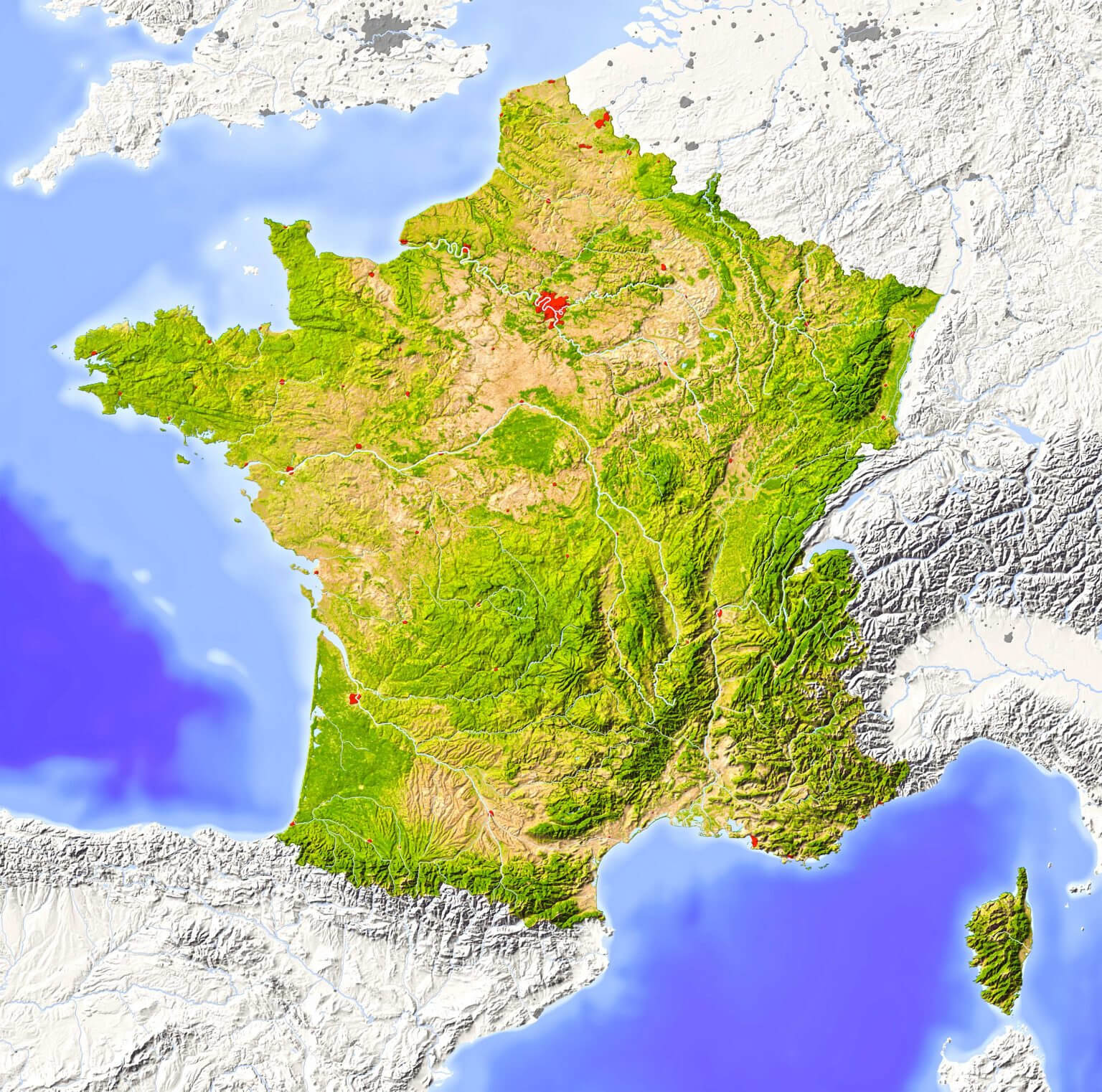 France Relief Map: Rivers and Mountain Ranges