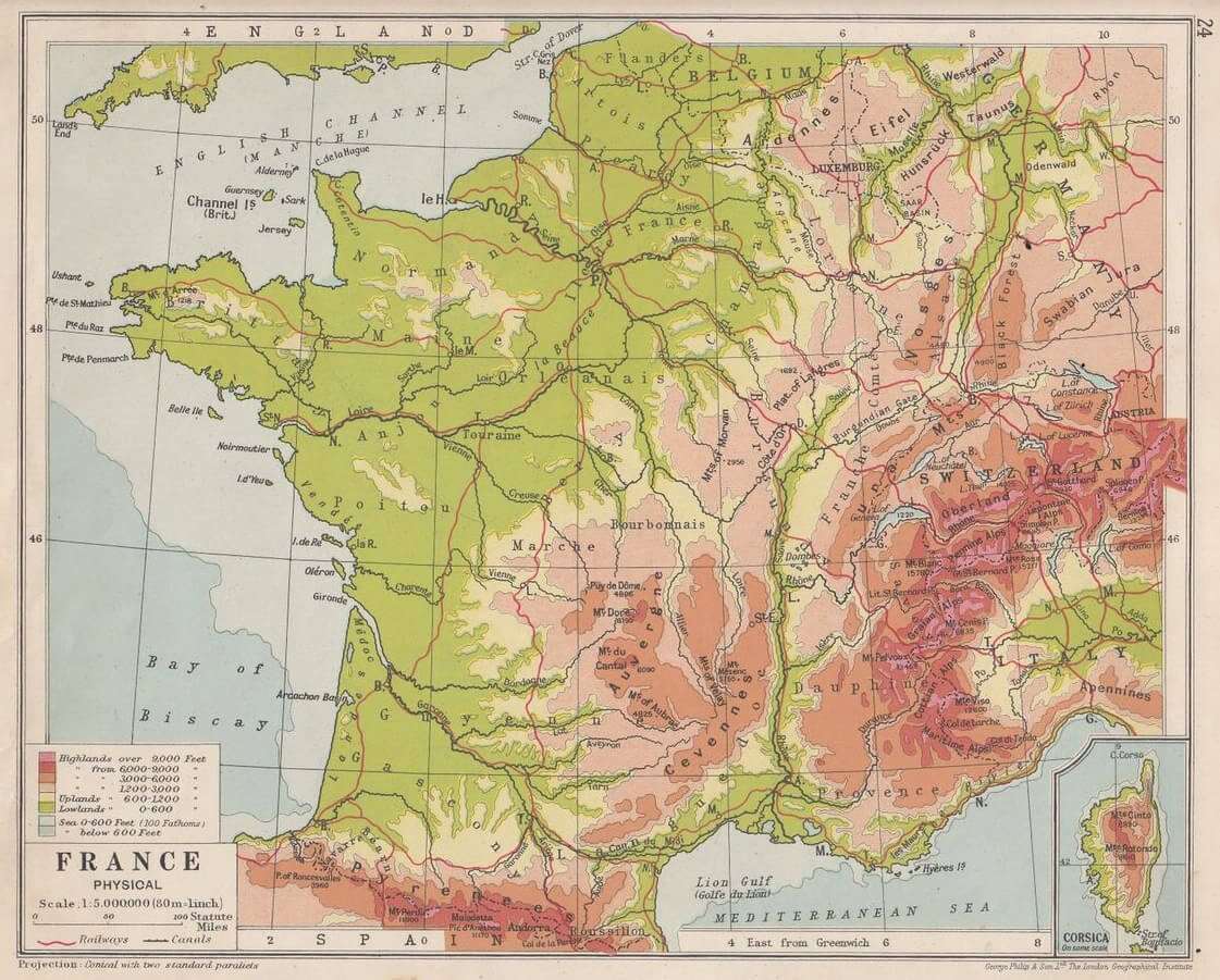 Map of France with altitude levels, mountains, plains, and geography