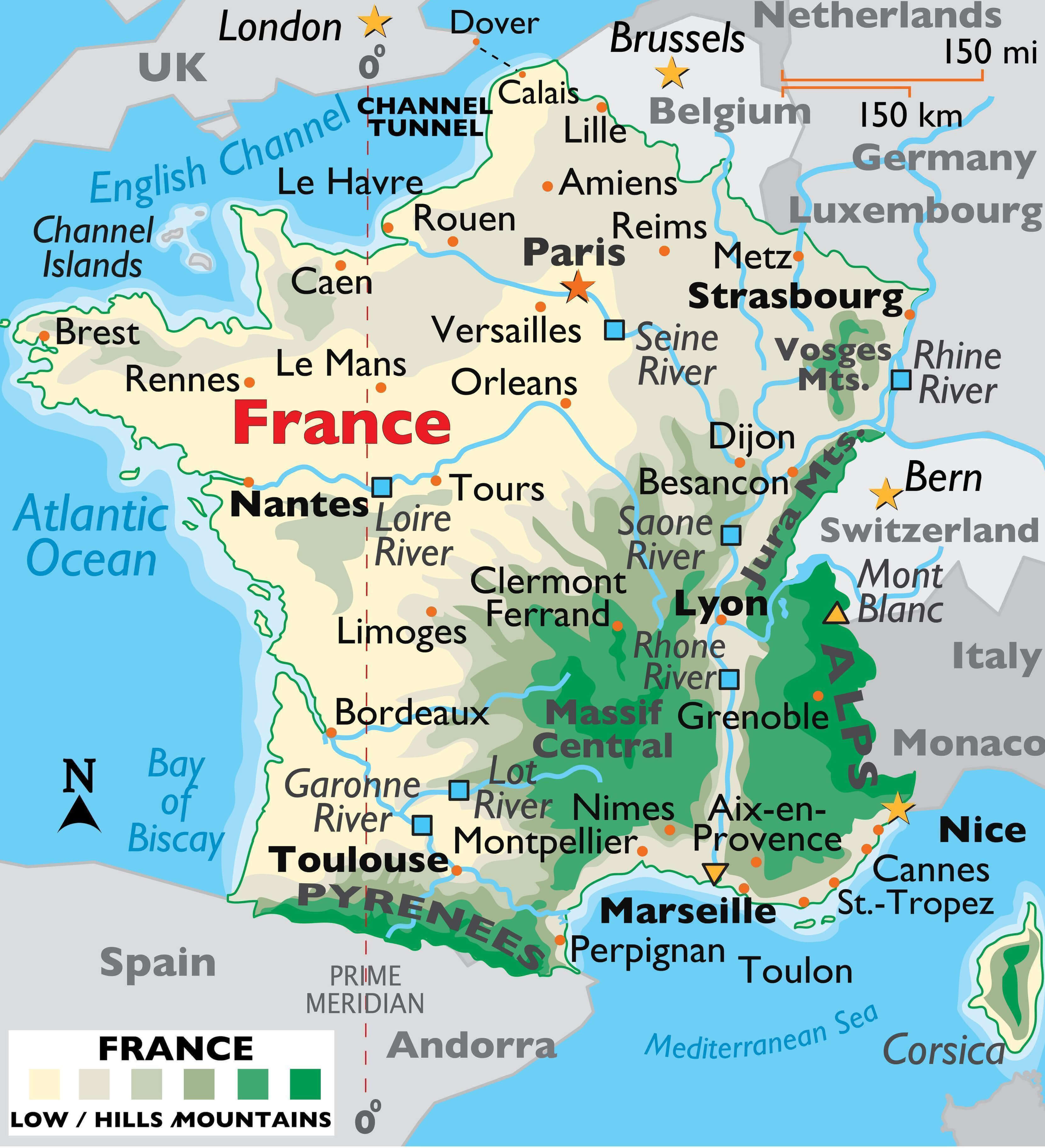 France elevation map with major cities