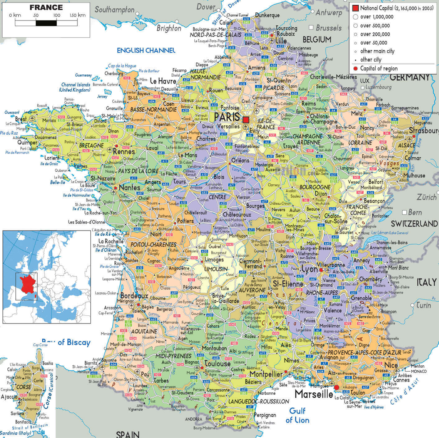 Map of France with highways, regions, cantons, and major cities