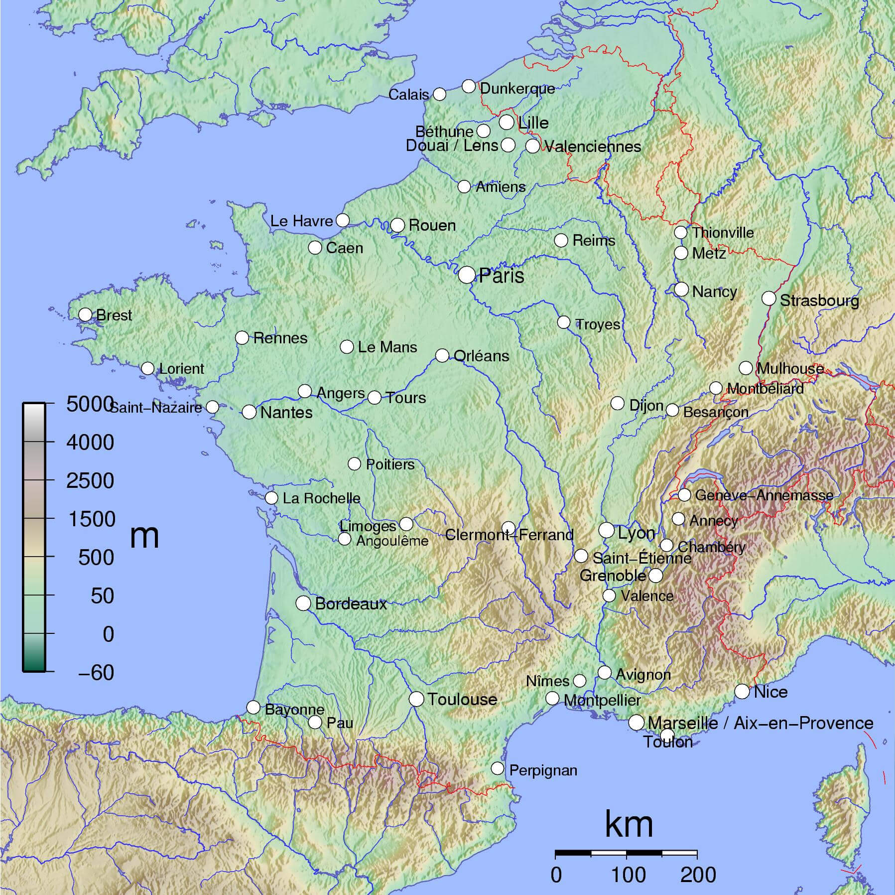 France physical map main cities