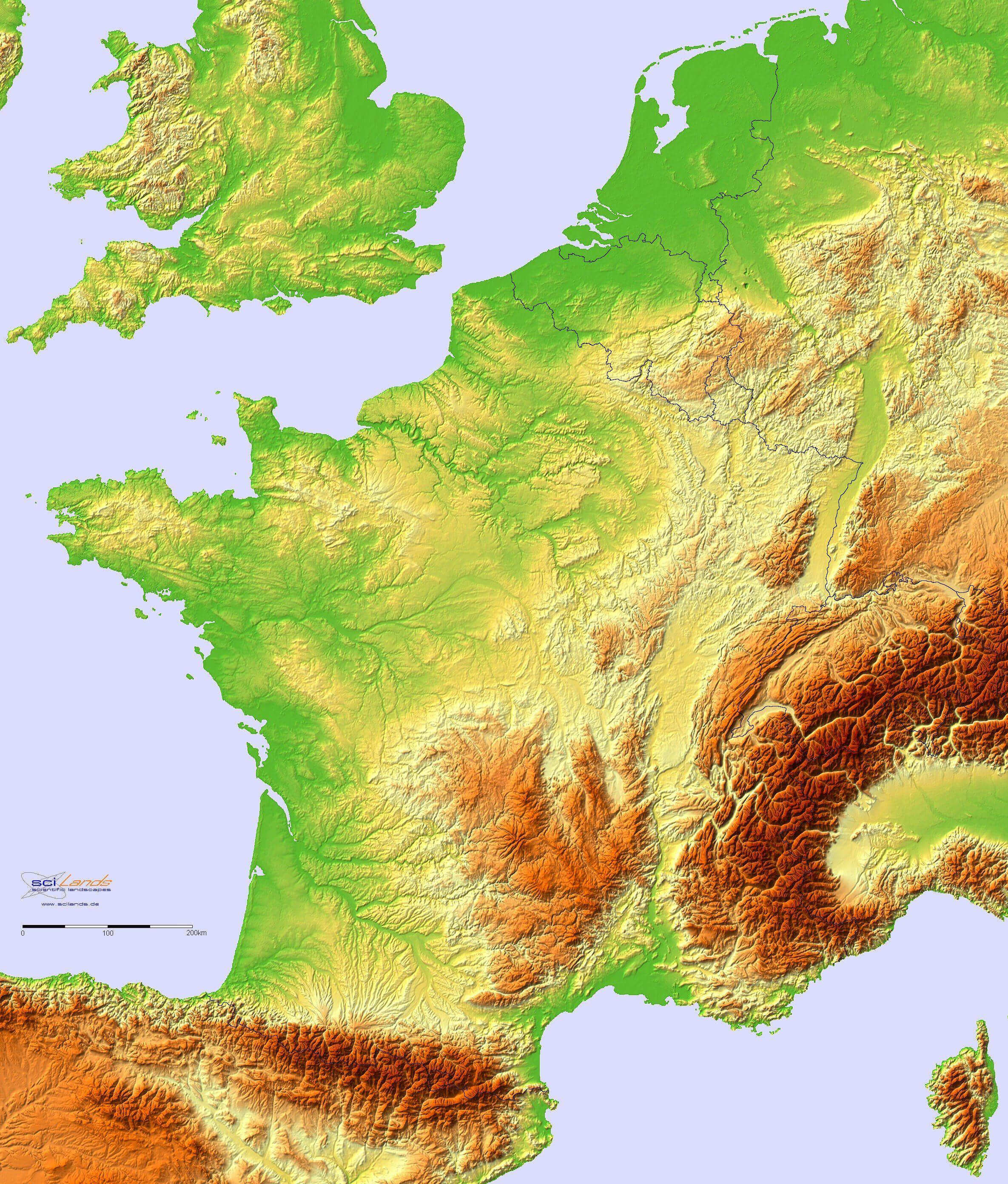 France Physical Map Featuring the Alps and Pyrenees Mountains