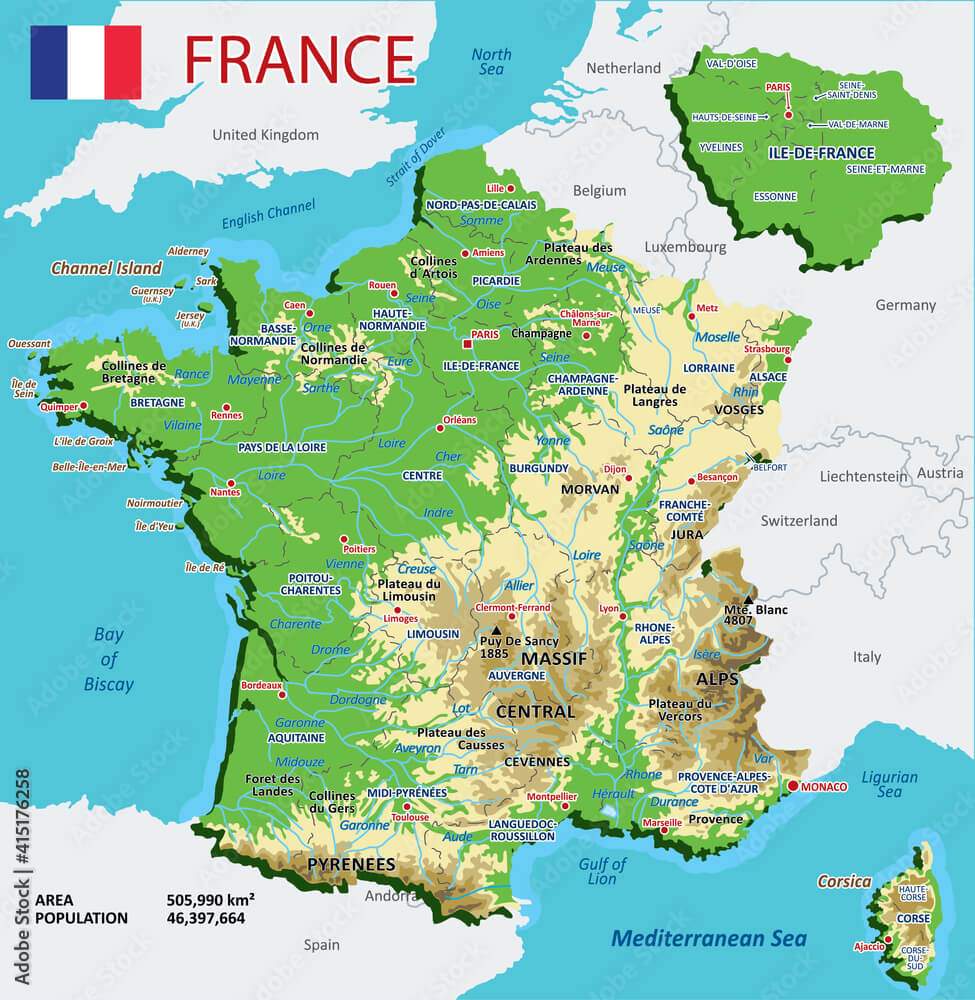 France physical map with areas