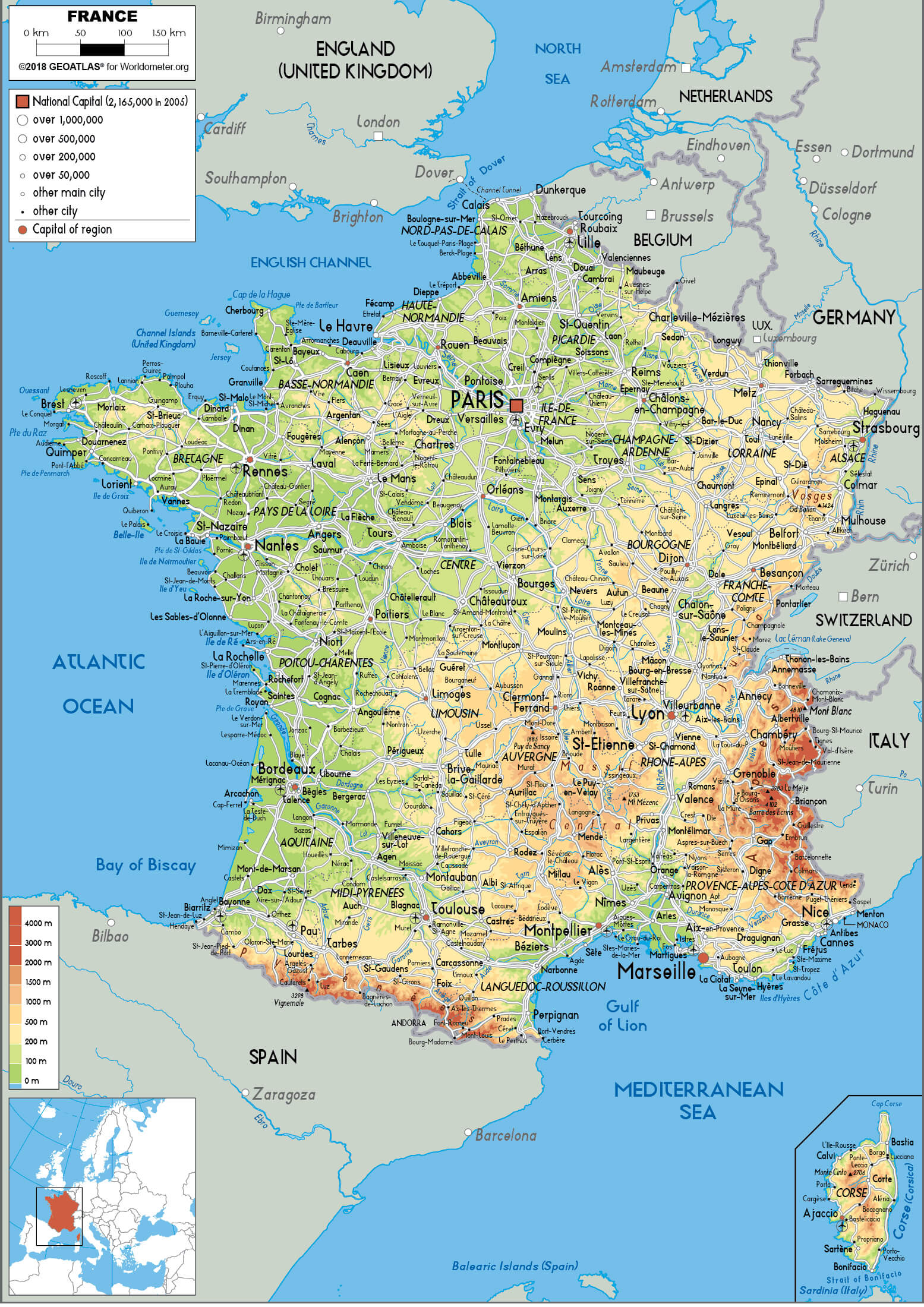 Map of France showing physical features, major cities, and road networks