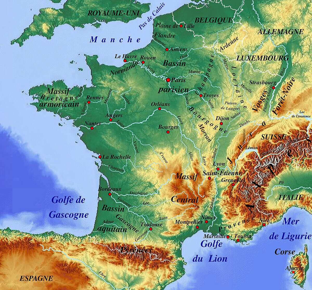 Physical map of France Pyrenees and Alpine mountains