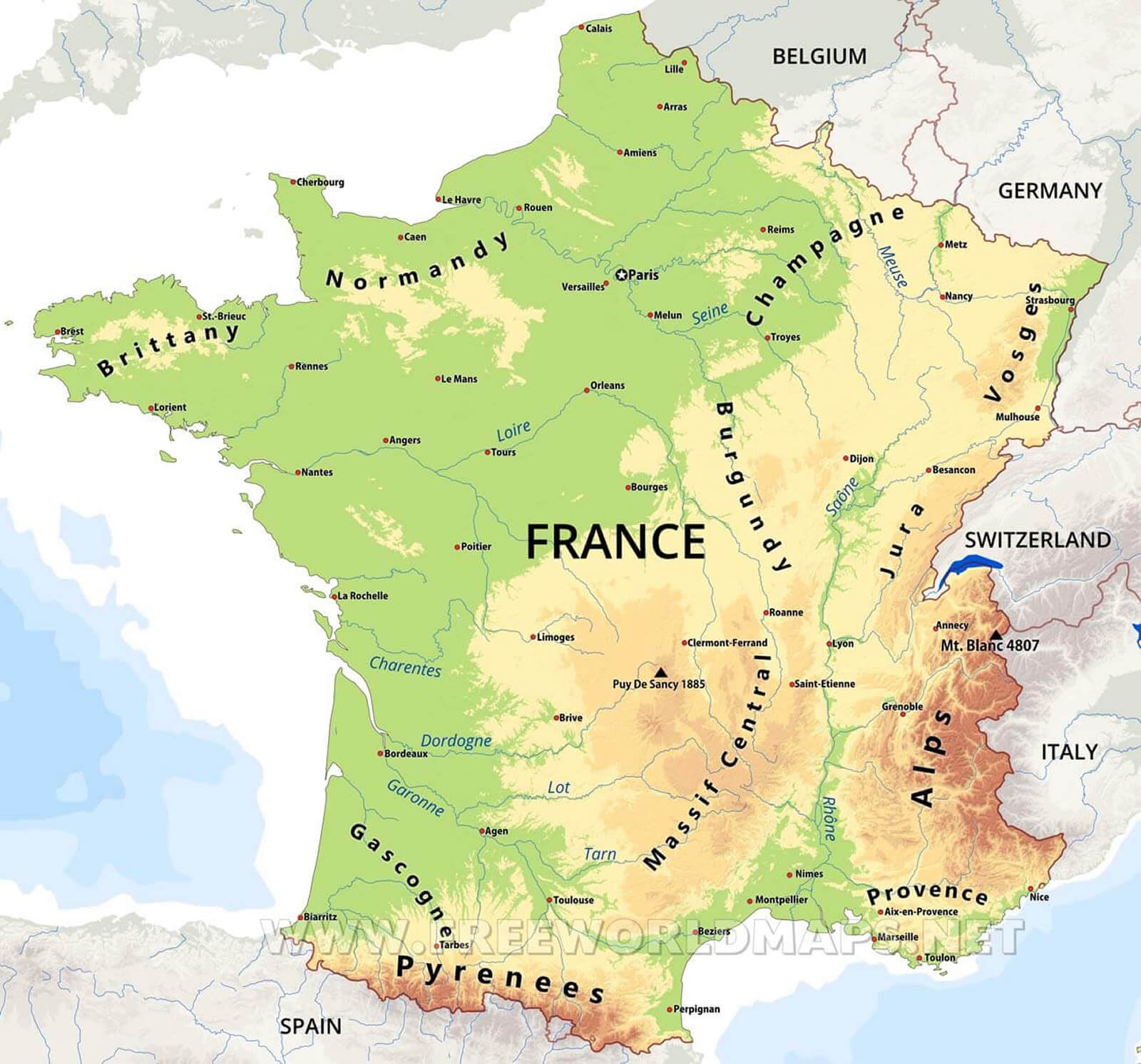 Physical map of France rivers and mountains