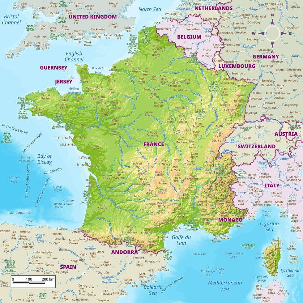 Physical Map of France and Its Place in Western Europe