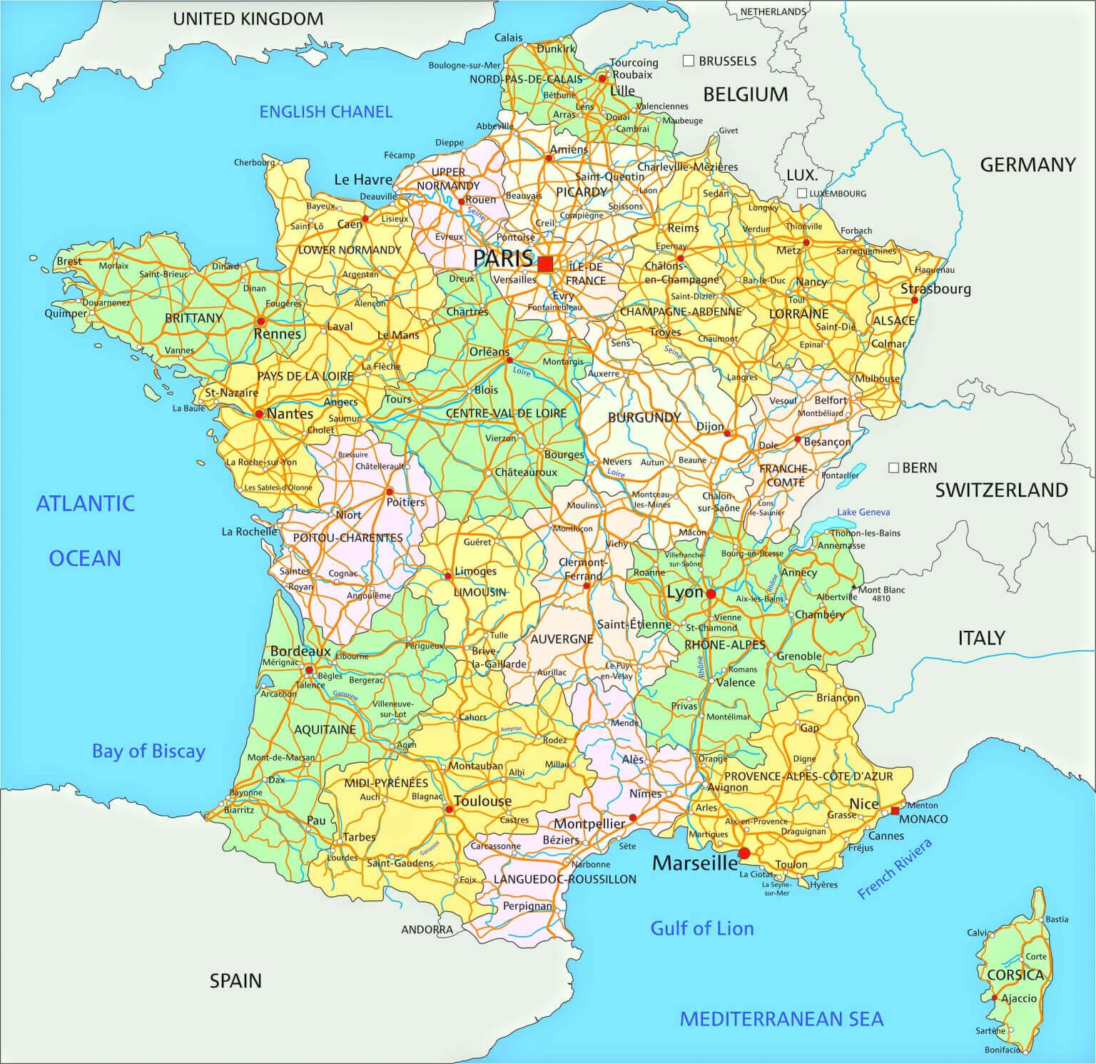 France Administrative Map with Regions and Roads