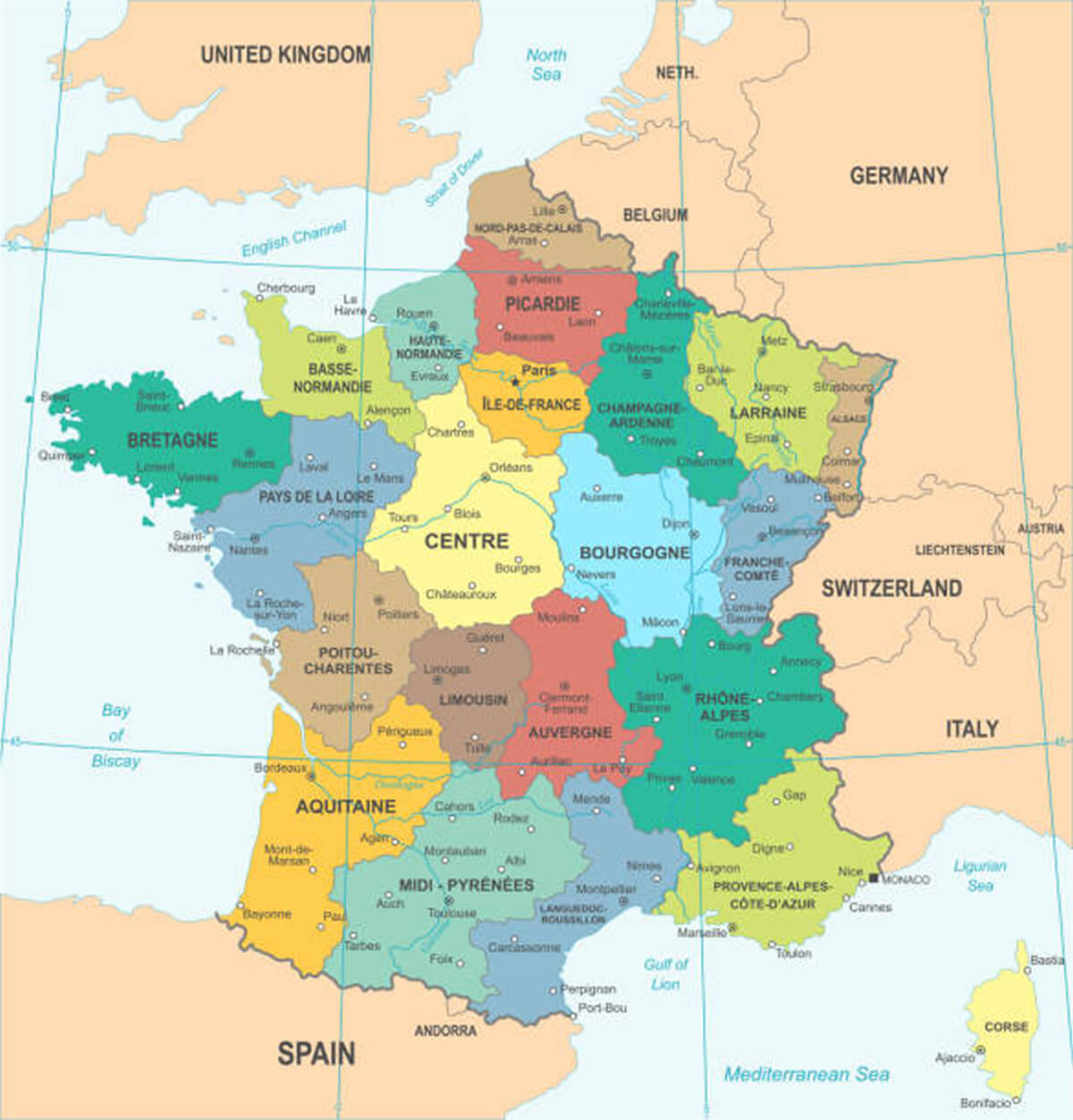 France political map with provinces